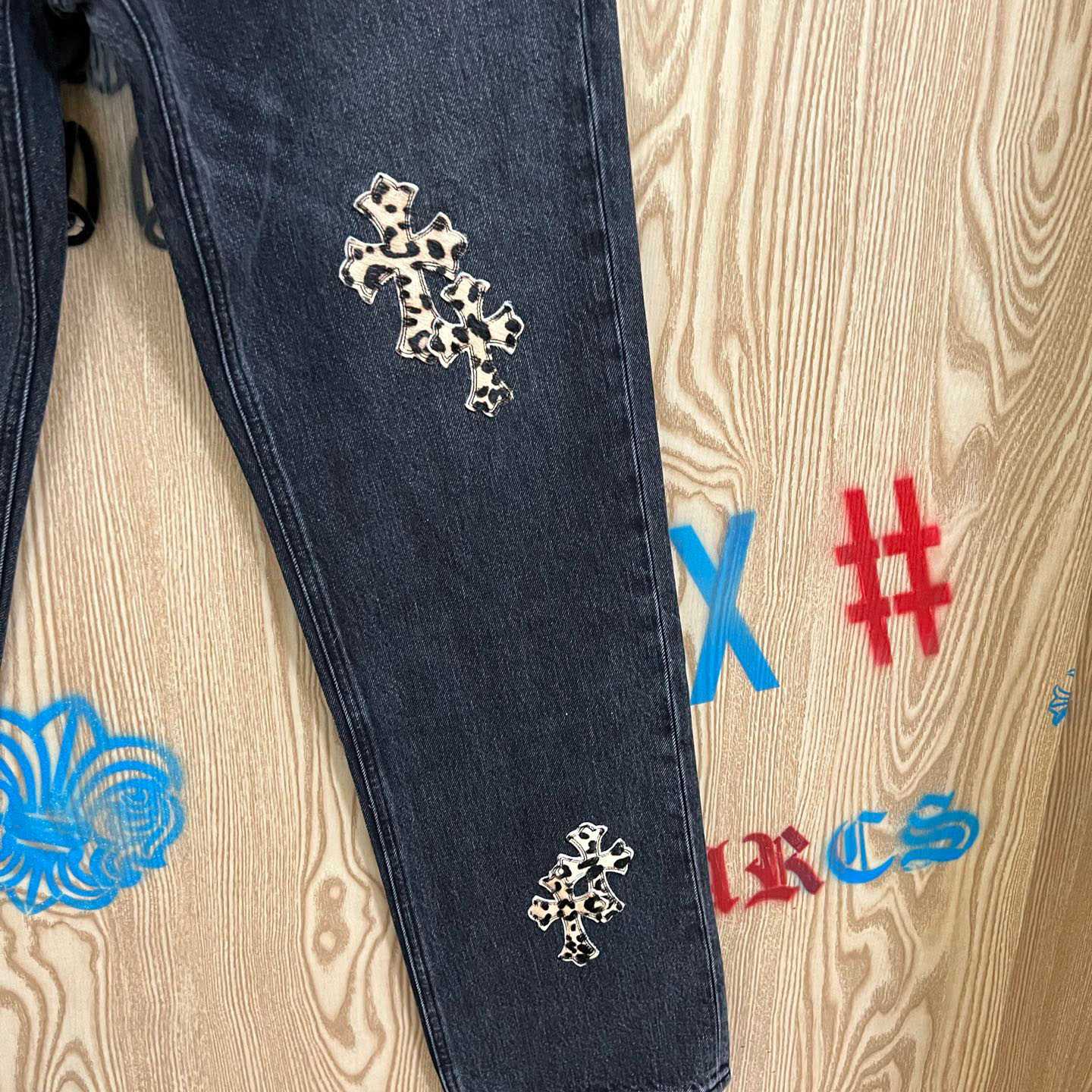 Chrome Hearts Levi's  Leopard Cross Patch Black Jeans - FashionPlug