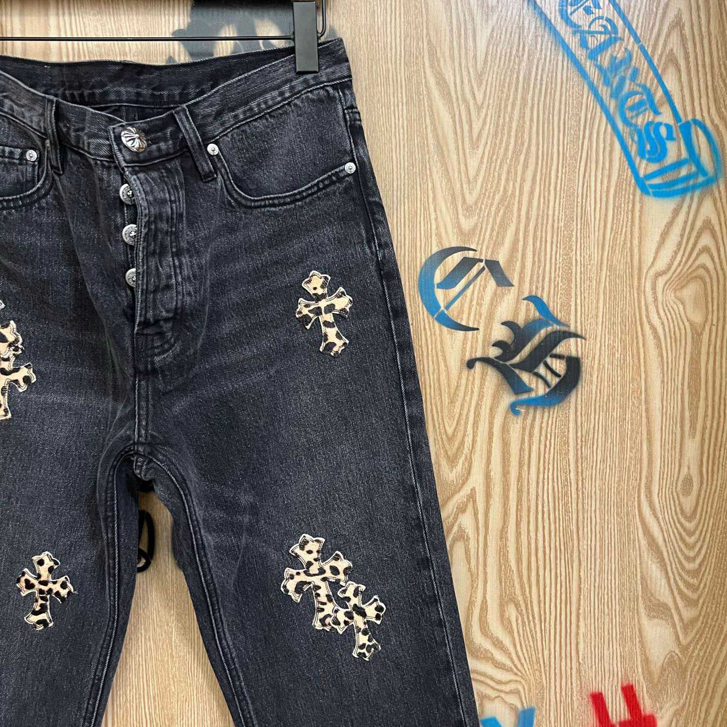 Chrome Hearts Levi's  Leopard Cross Patch Black Jeans - FashionPlug
