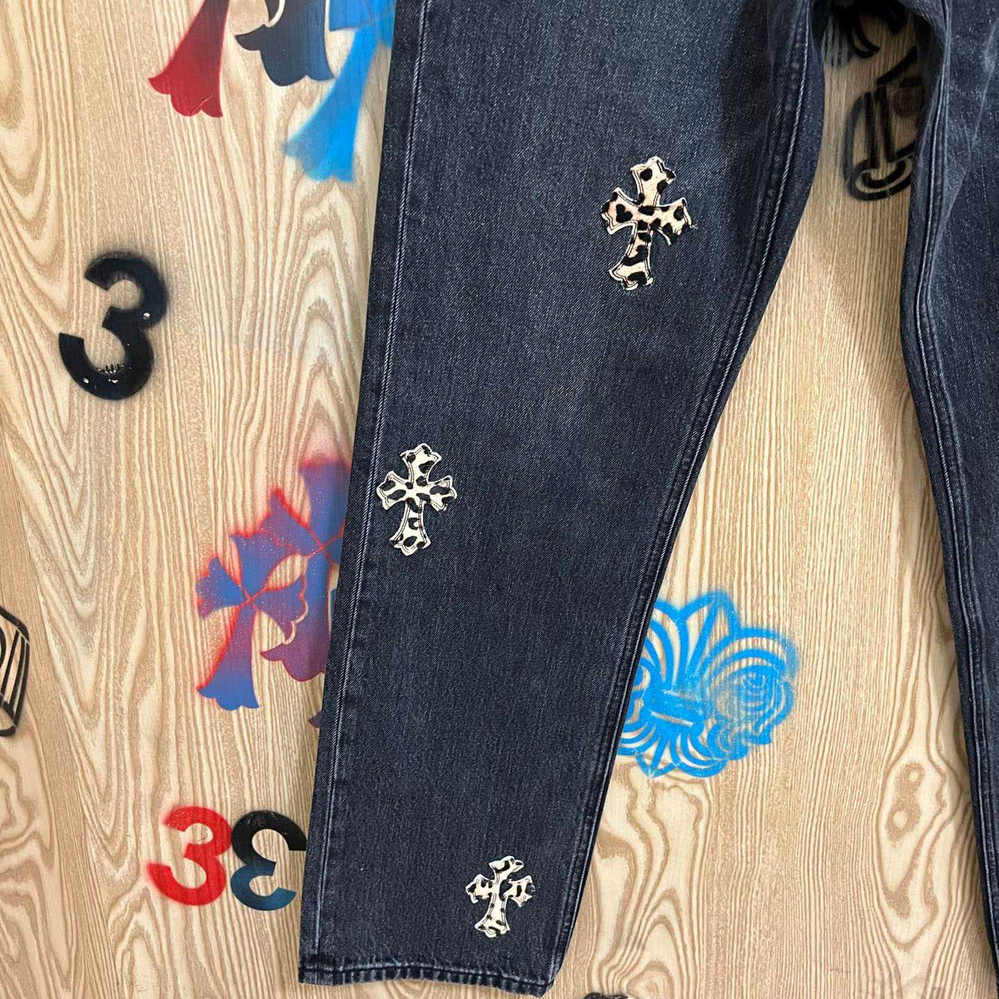 Chrome Hearts Levi's  Leopard Cross Patch Black Jeans - FashionPlug