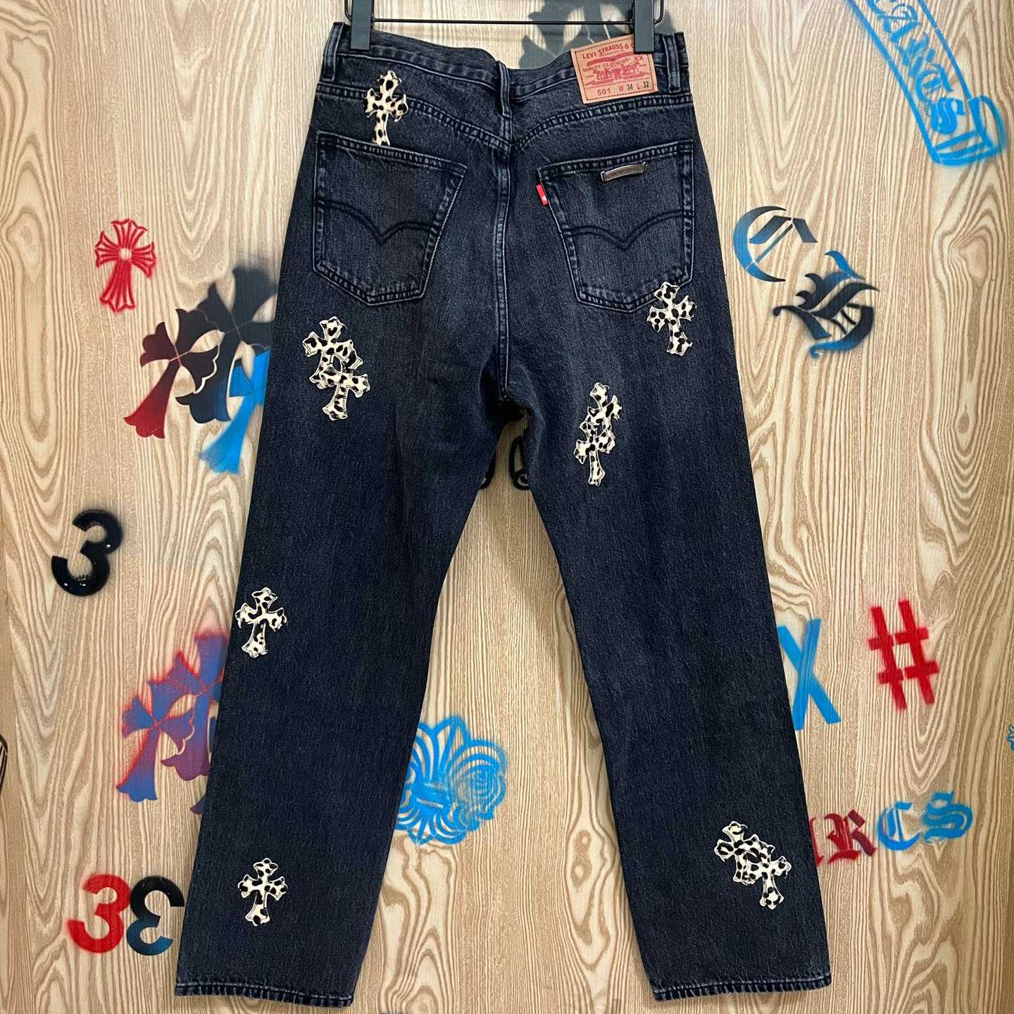 Chrome Hearts Levi's  Leopard Cross Patch Black Jeans - FashionPlug