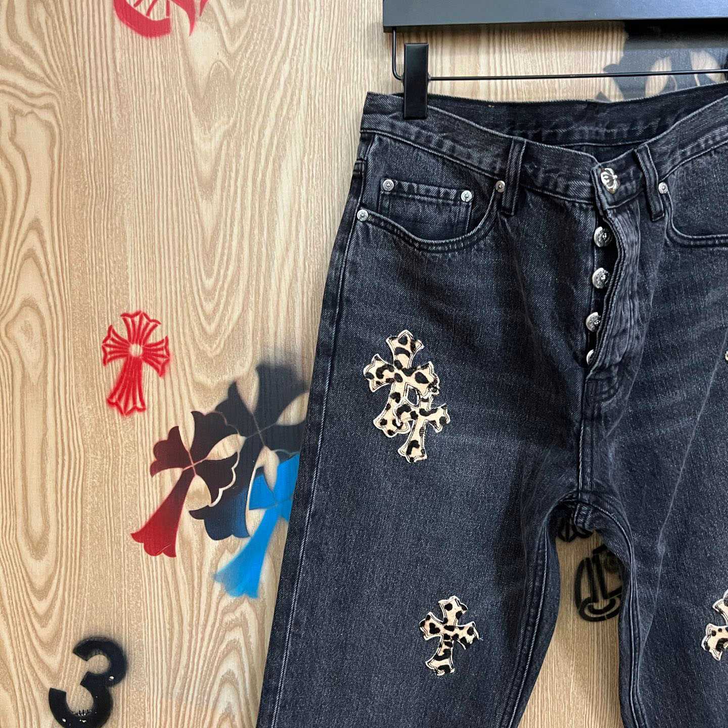 Chrome Hearts Levi's  Leopard Cross Patch Black Jeans - FashionPlug