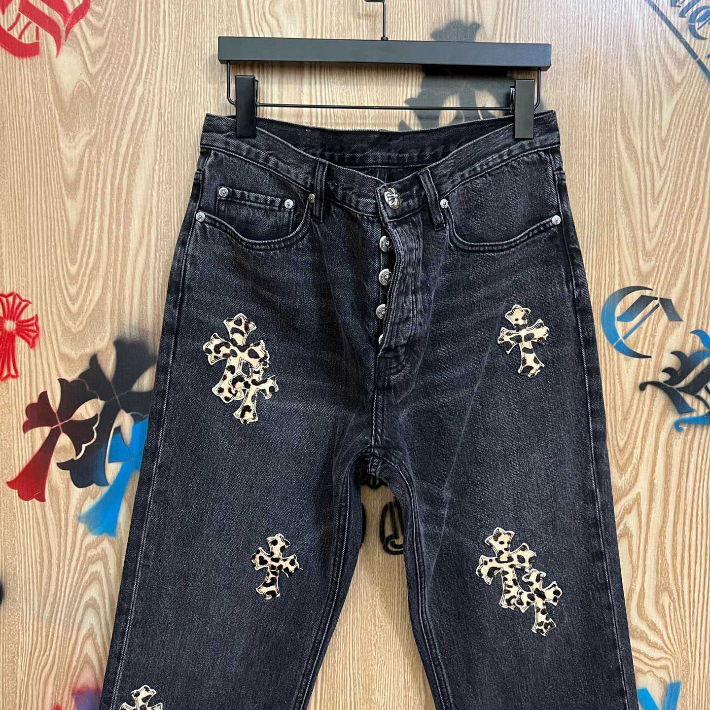 Chrome Hearts Levi's  Leopard Cross Patch Black Jeans - FashionPlug