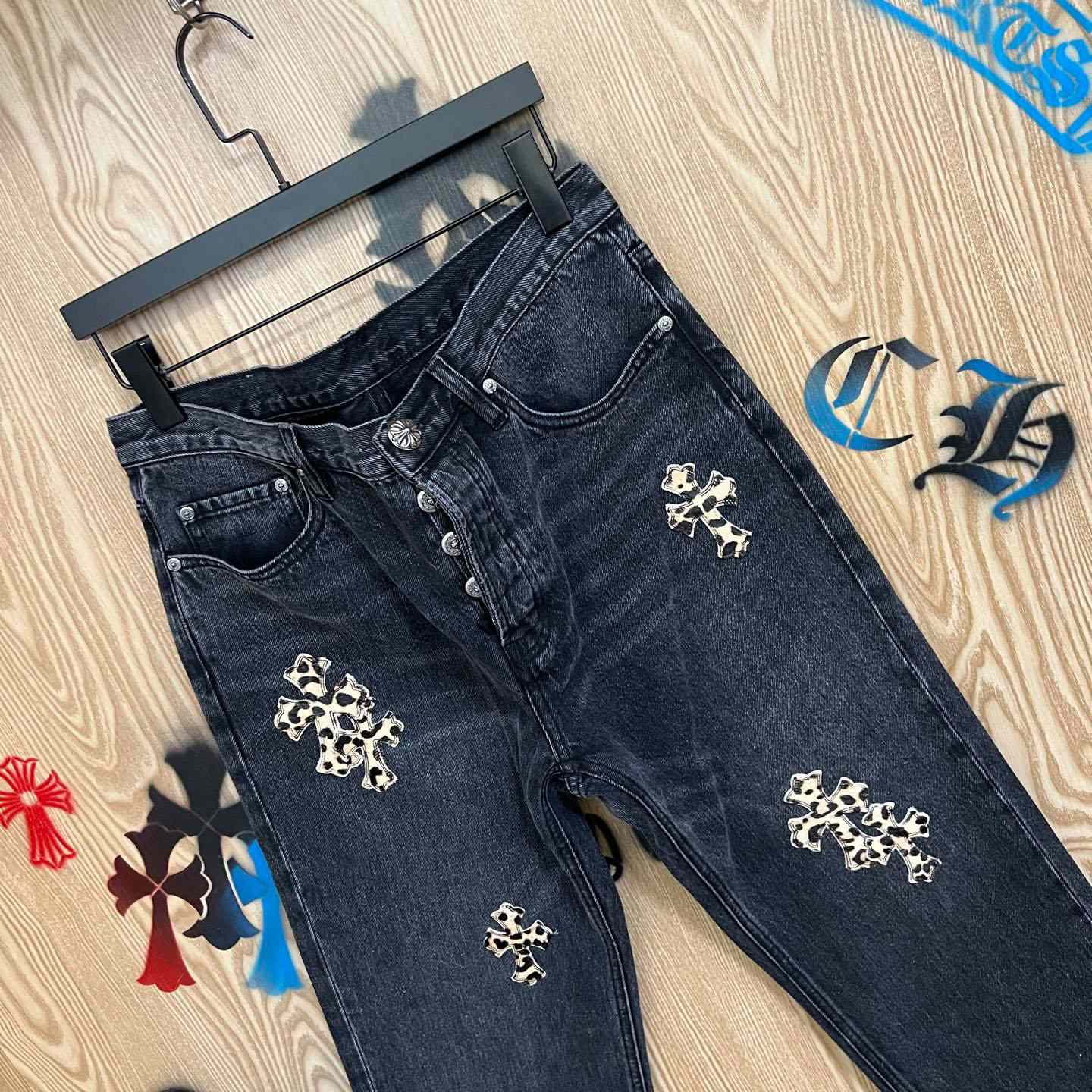 Chrome Hearts Levi's  Leopard Cross Patch Black Jeans - FashionPlug