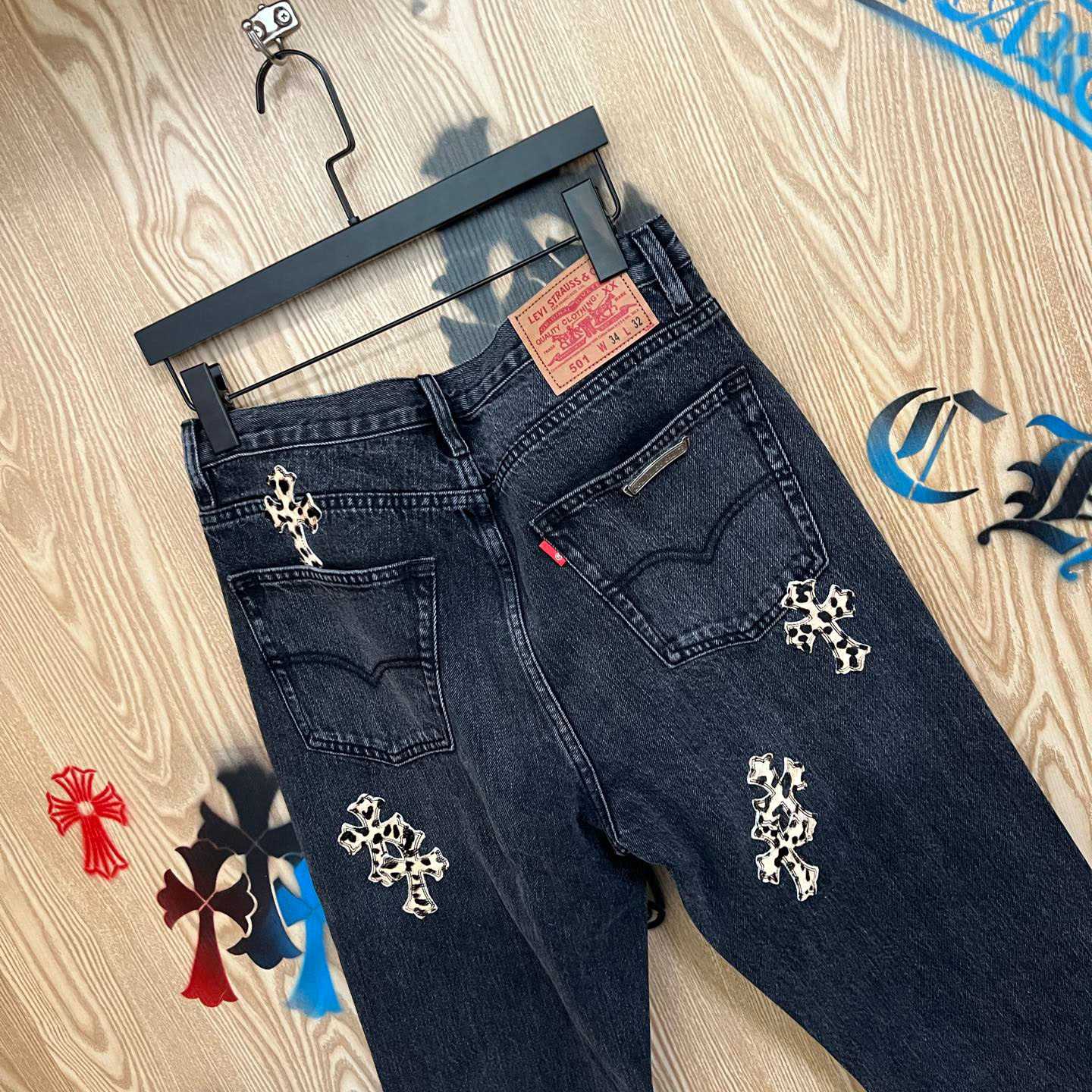 Chrome Hearts Levi's  Leopard Cross Patch Black Jeans - FashionPlug