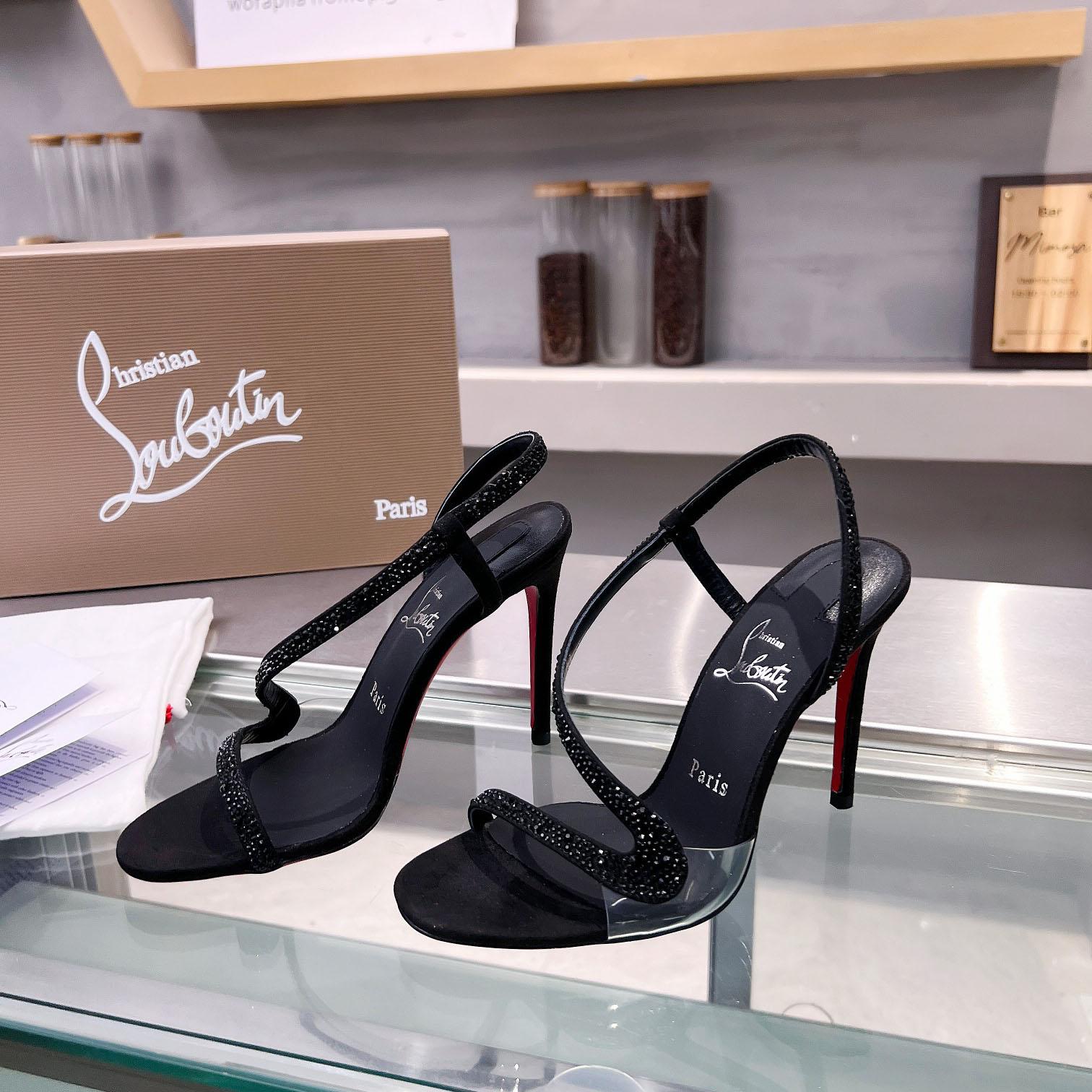 Christian Louboutin Black Suede Crystal Embellished Rosalie Sandals - FashionPlug