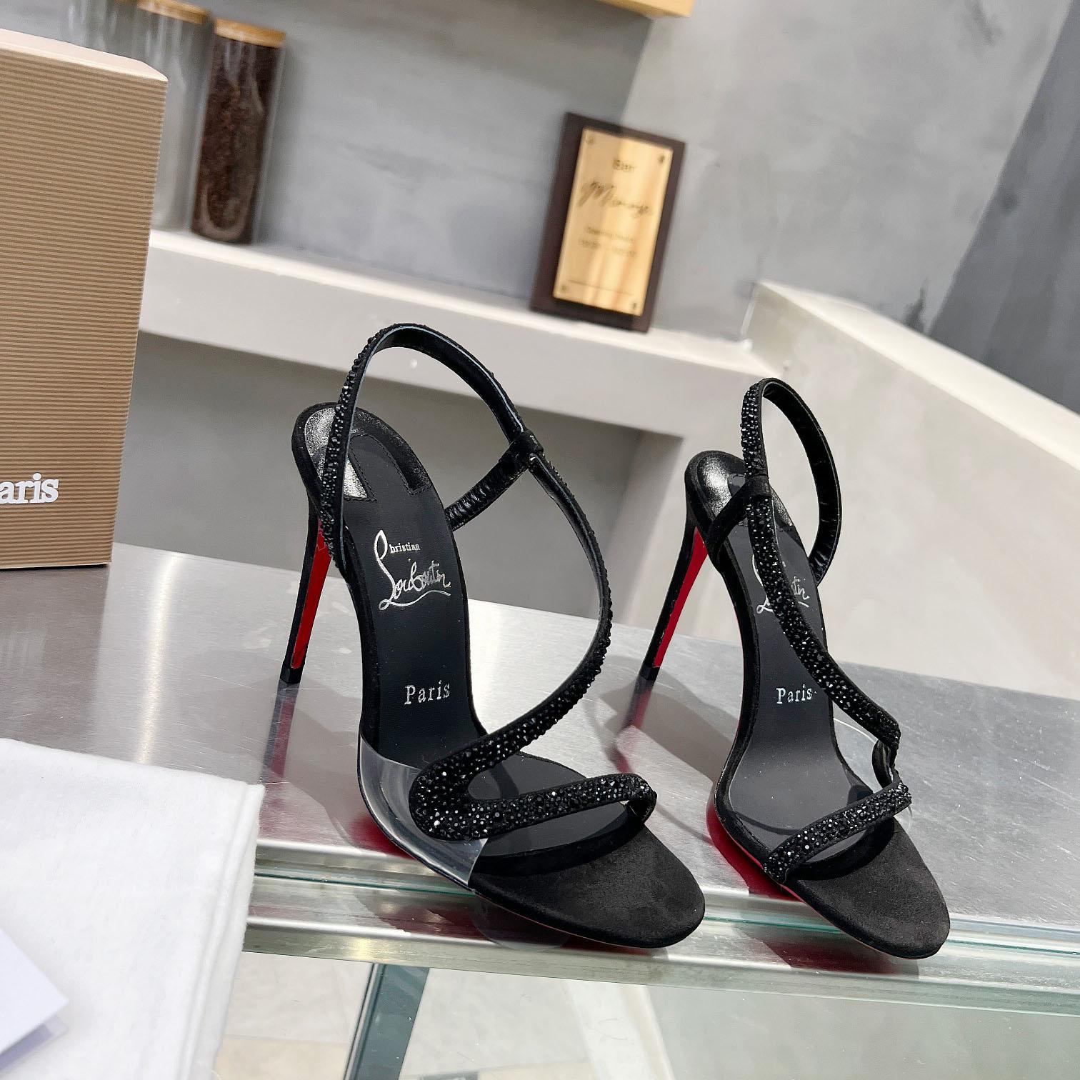 Christian Louboutin Black Suede Crystal Embellished Rosalie Sandals - FashionPlug