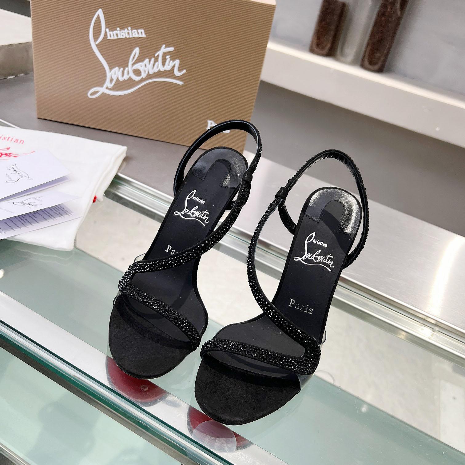 Christian Louboutin Black Suede Crystal Embellished Rosalie Sandals - FashionPlug