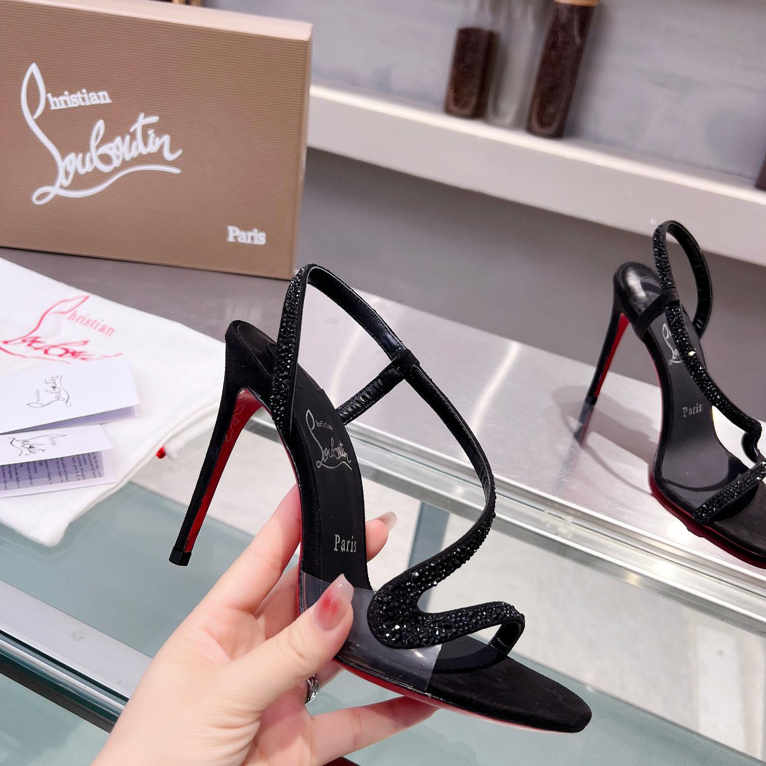 Christian Louboutin Black Suede Crystal Embellished Rosalie Sandals - FashionPlug