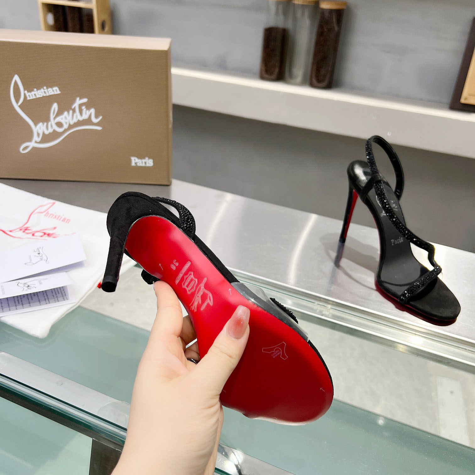 Christian Louboutin Black Suede Crystal Embellished Rosalie Sandals - FashionPlug