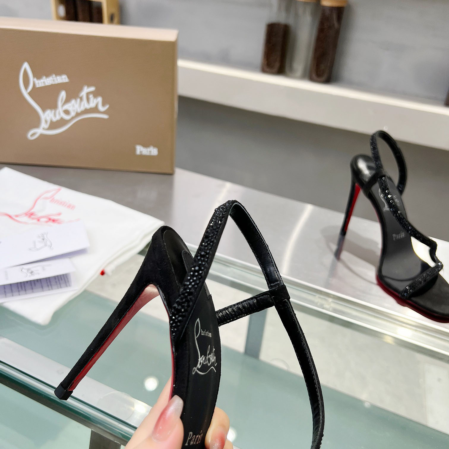 Christian Louboutin Black Suede Crystal Embellished Rosalie Sandals - FashionPlug