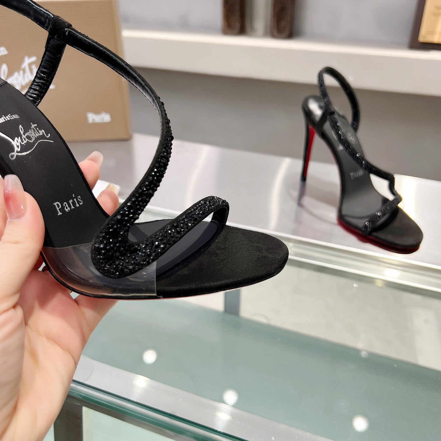 Christian Louboutin Black Suede Crystal Embellished Rosalie Sandals - FashionPlug