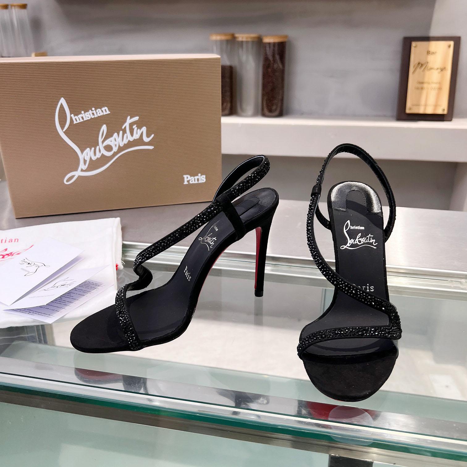 Christian Louboutin Black Suede Crystal Embellished Rosalie Sandals - FashionPlug