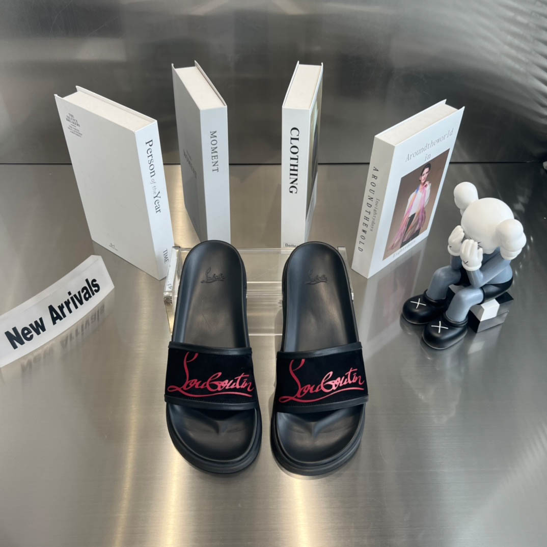 Christian Louboutin  Navy Pool Flat Sandals In Black - FashionPlug