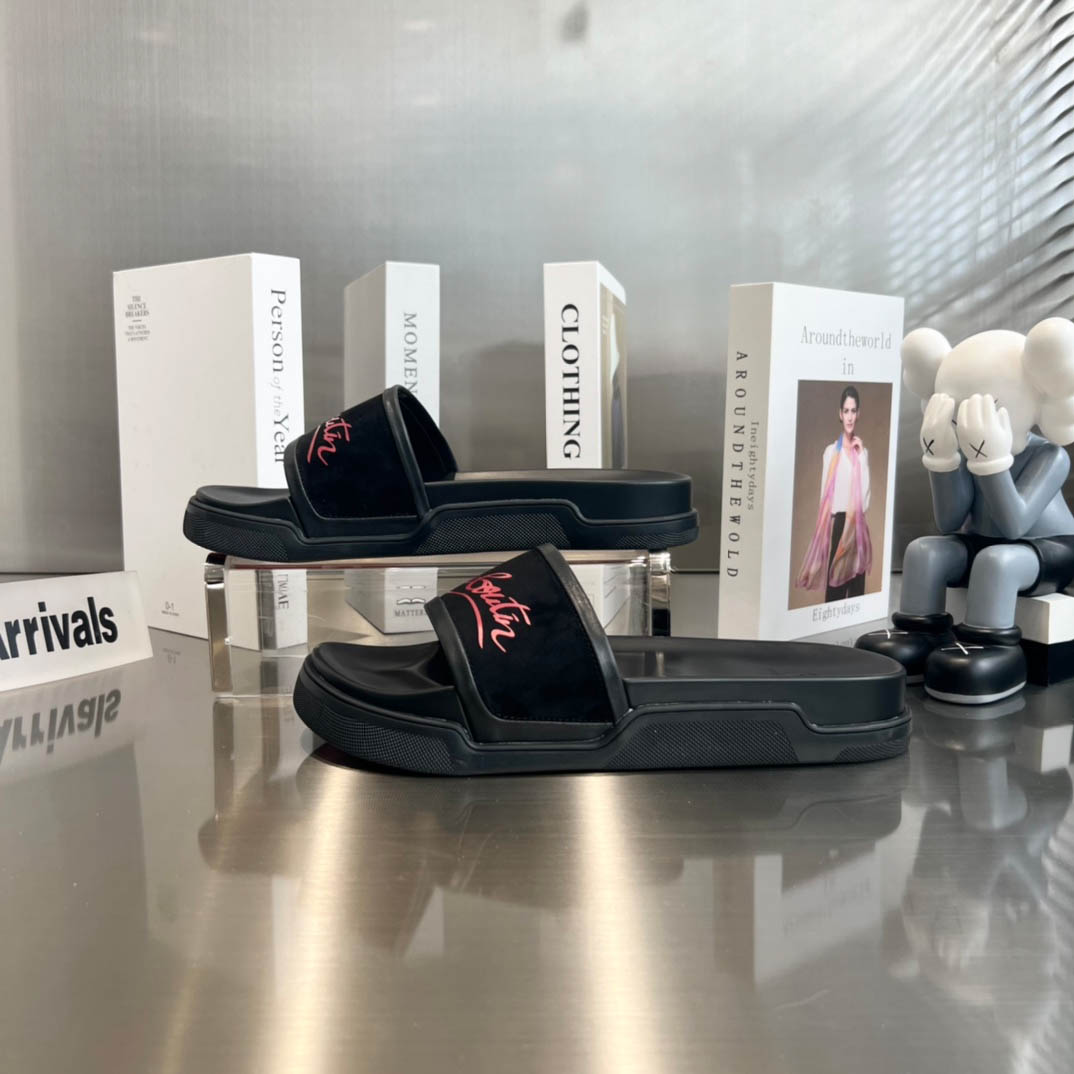 Christian Louboutin  Navy Pool Flat Sandals In Black - FashionPlug