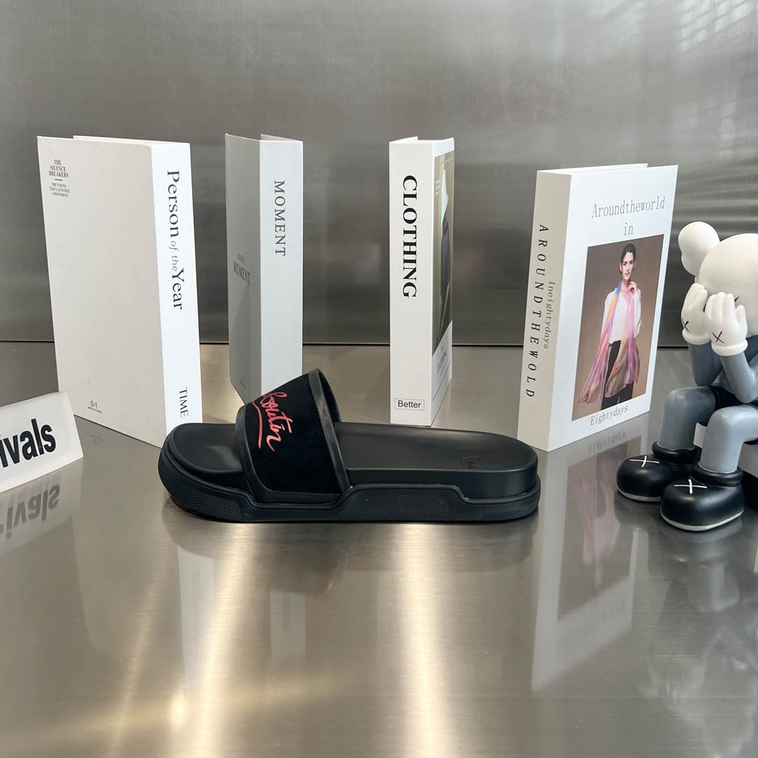 Christian Louboutin  Navy Pool Flat Sandals In Black - FashionPlug