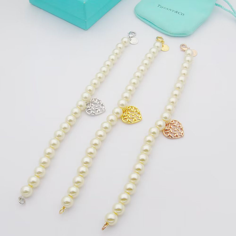 Tiffany Olive Leaf Pearl Heart Bracelet - FashionPlug