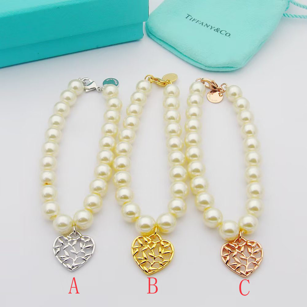 Tiffany Olive Leaf Pearl Heart Bracelet - FashionPlug