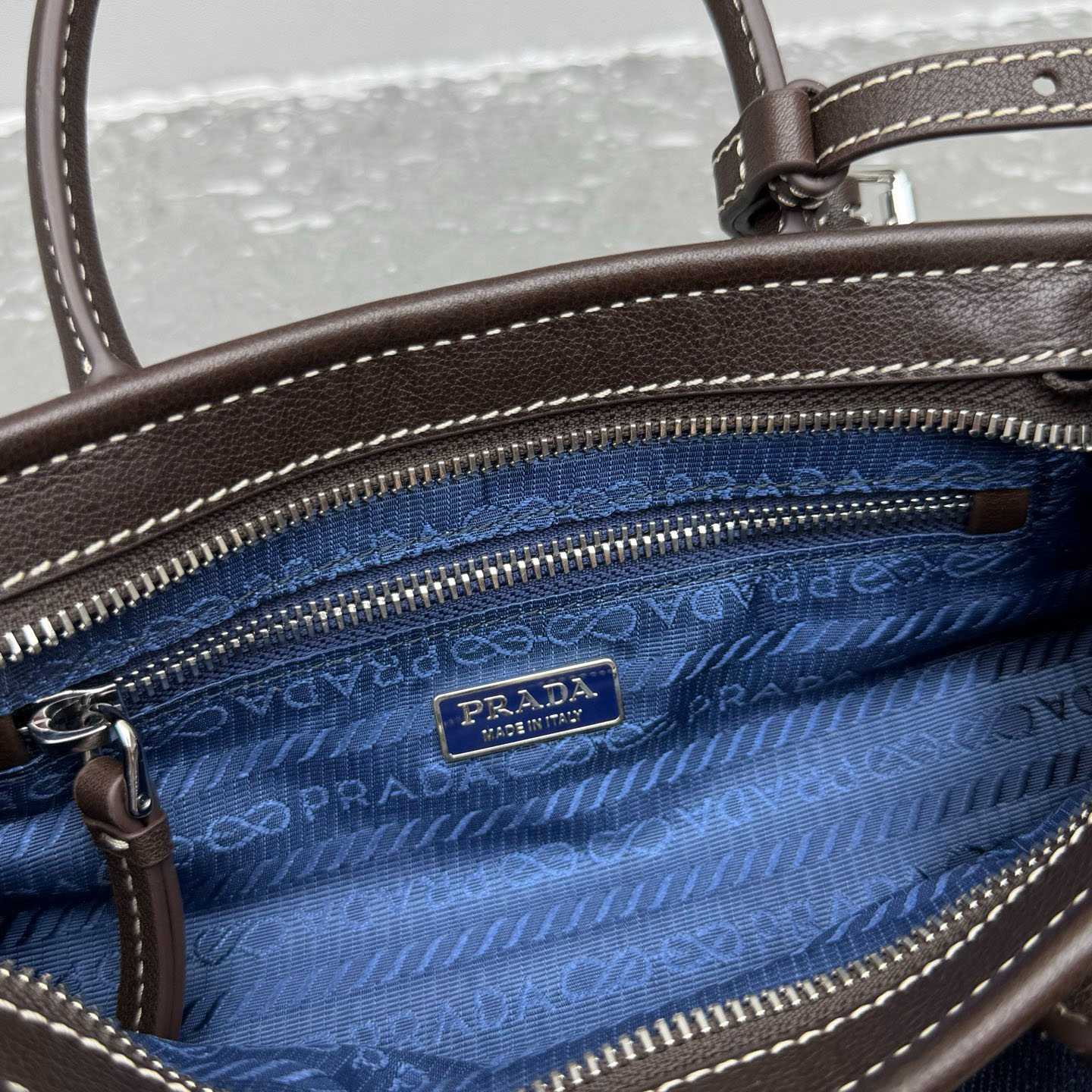 Prada Bonnie Small Denim And Leather Handbag - FashionPlug