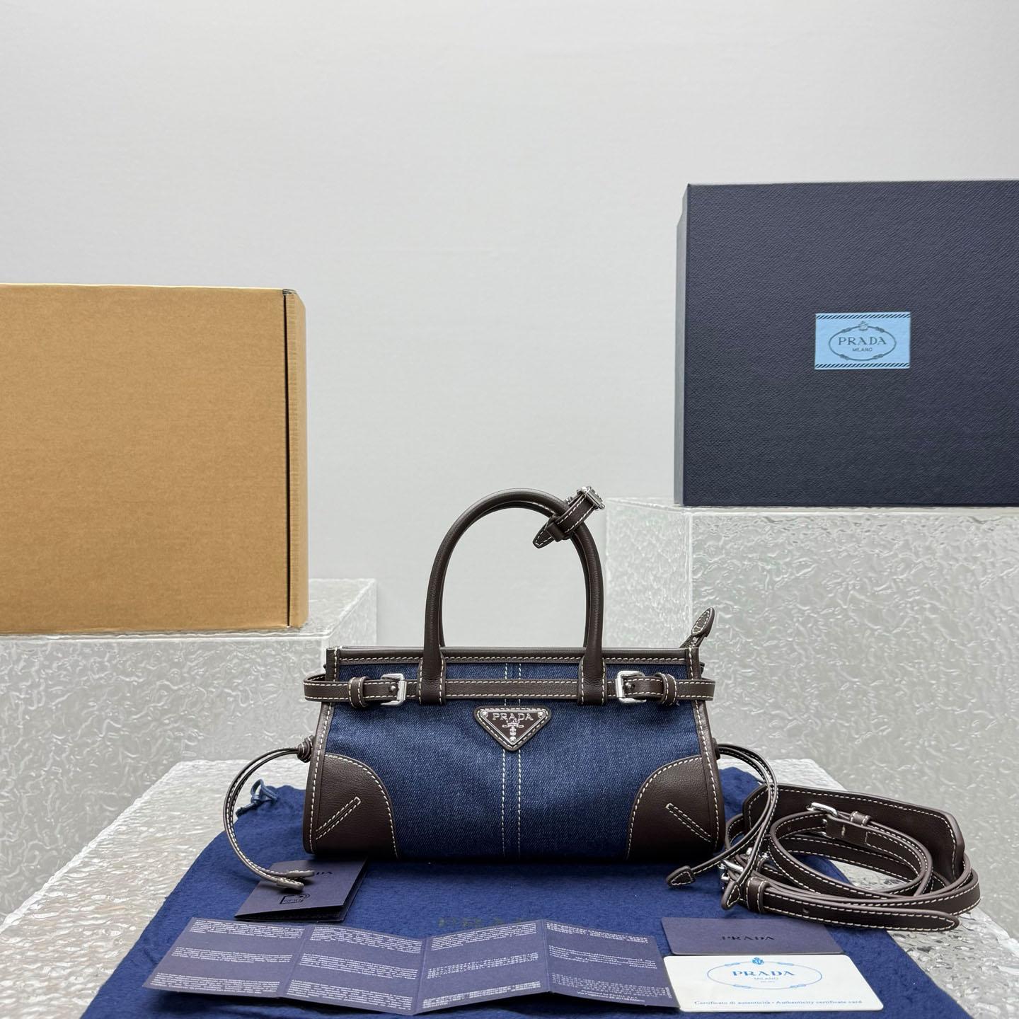Prada Bonnie Small Denim And Leather Handbag - FashionPlug