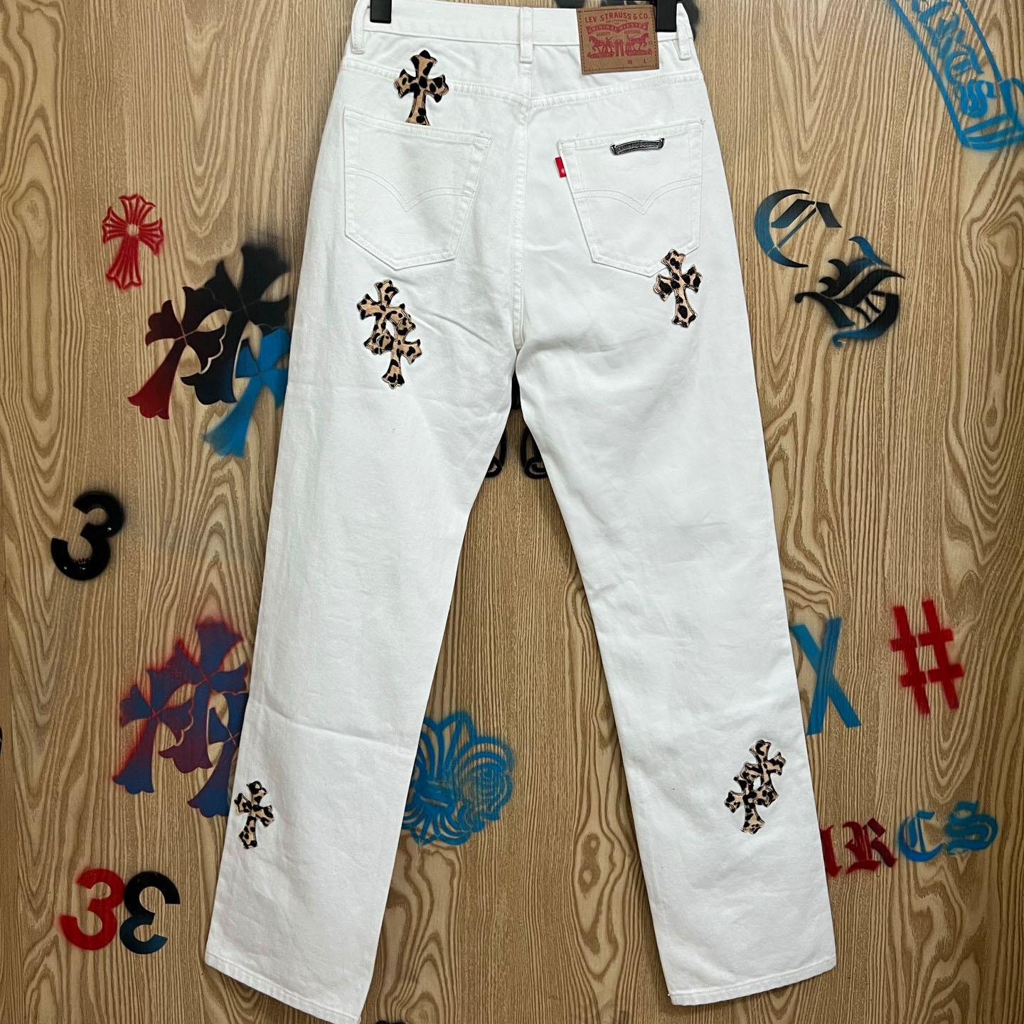 Chrome Hearts Levi's 501 Leopard Cross Patch White Jeans - FashionPlug