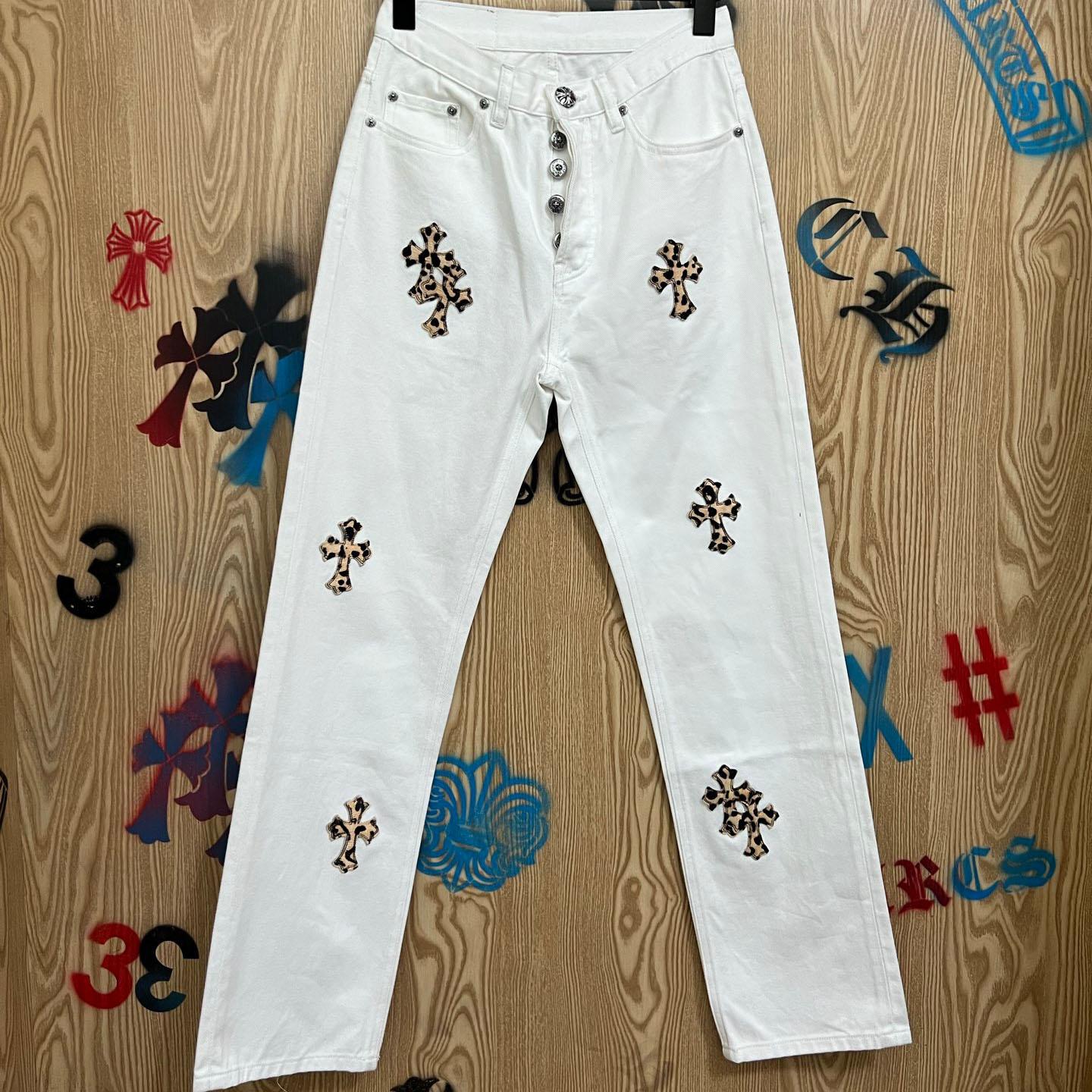 Chrome Hearts Levi's 501 Leopard Cross Patch White Jeans - FashionPlug