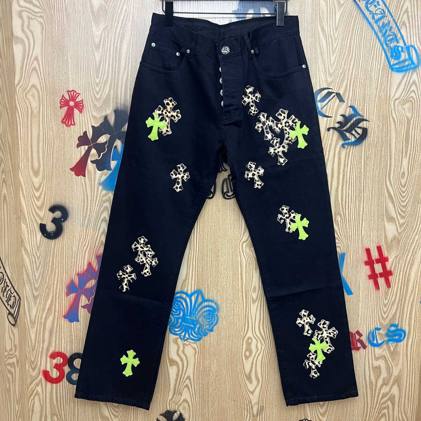 Chrome Hearts Cheetah & Green Cross Patch Jeans - FashionPlug