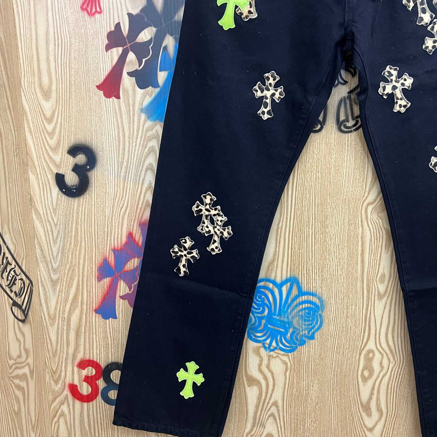 Chrome Hearts Cheetah & Green Cross Patch Jeans - FashionPlug