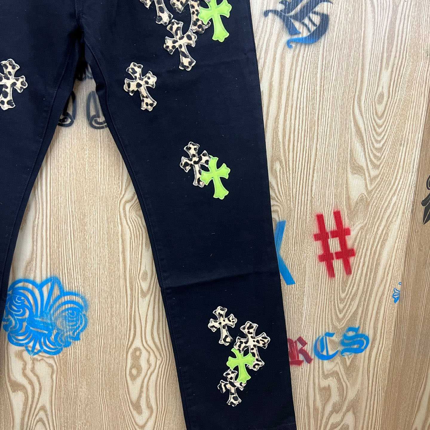 Chrome Hearts Cheetah & Green Cross Patch Jeans - FashionPlug