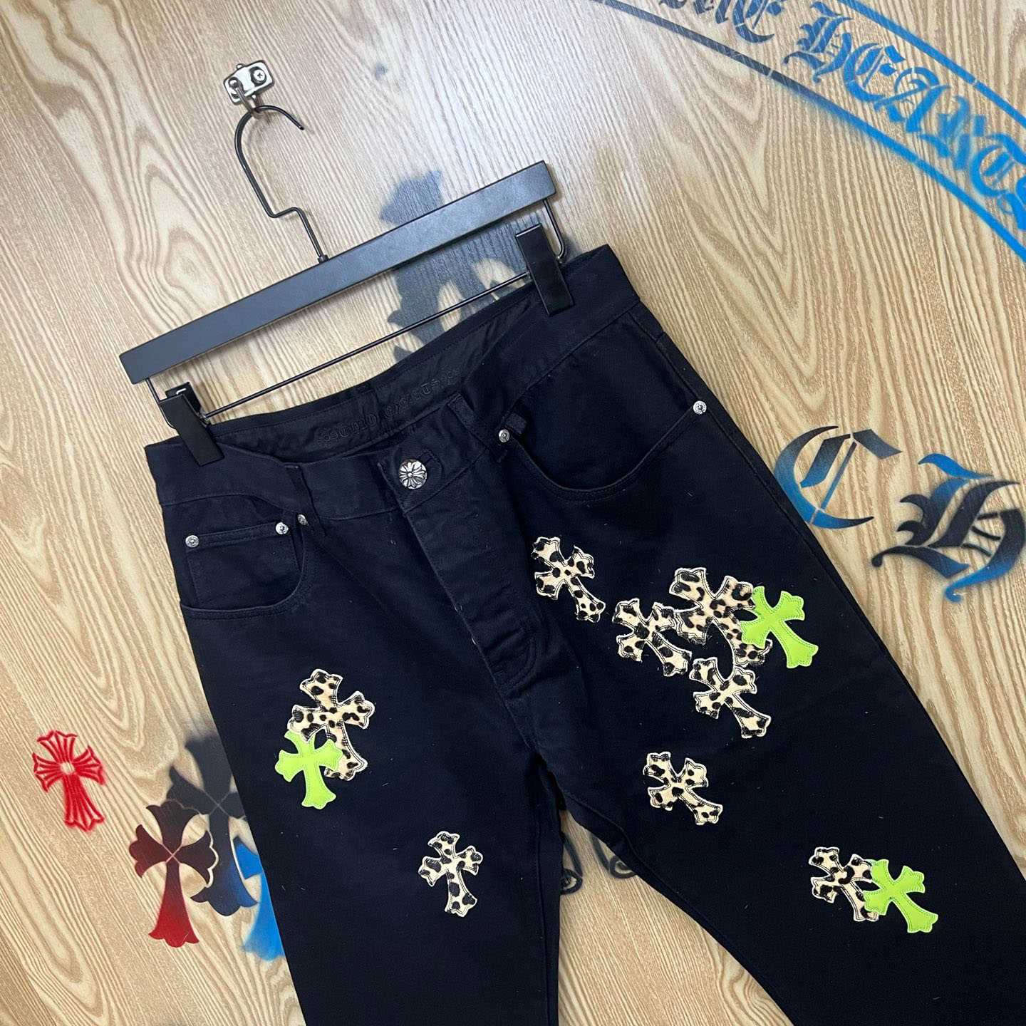 Chrome Hearts Cheetah & Green Cross Patch Jeans - FashionPlug