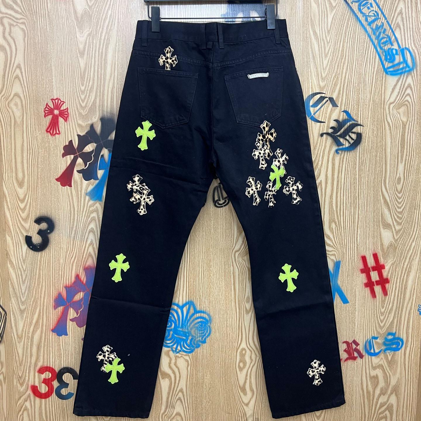 Chrome Hearts Cheetah & Green Cross Patch Jeans - FashionPlug