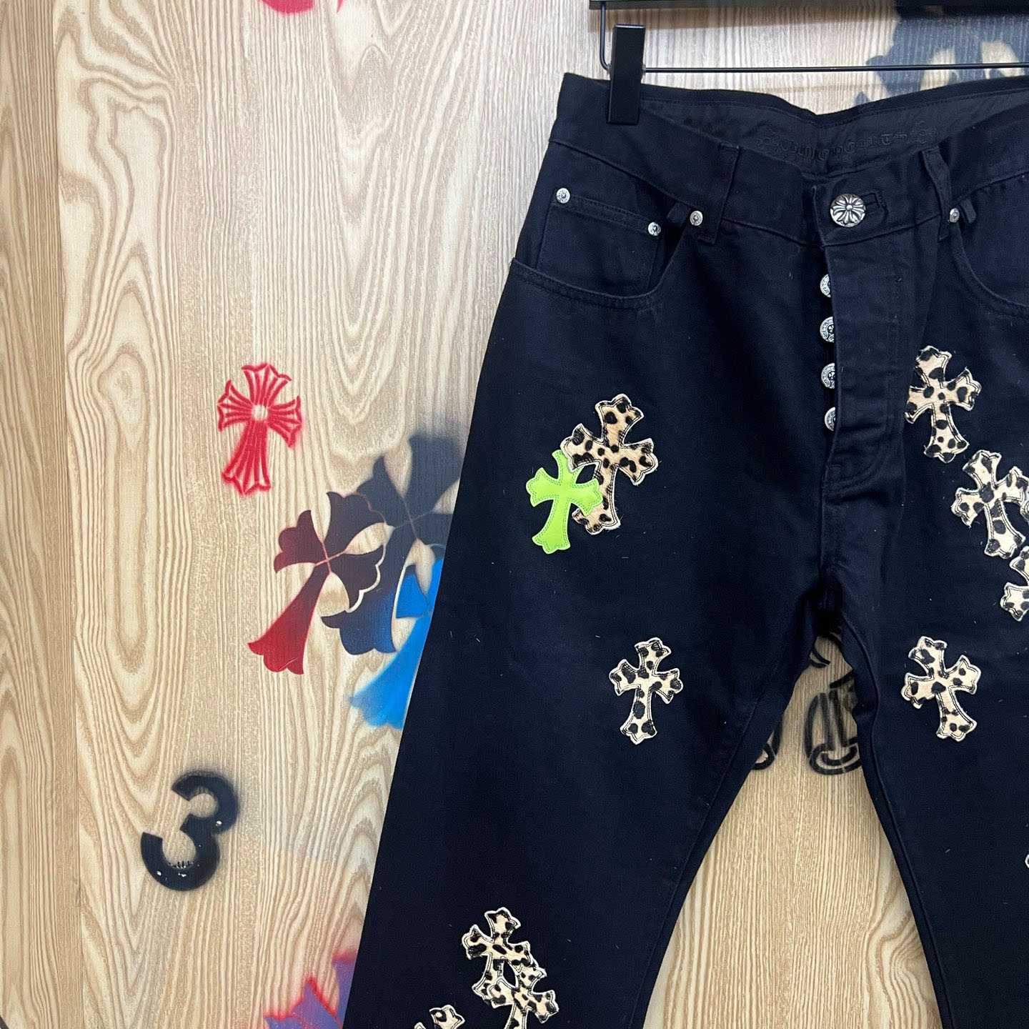 Chrome Hearts Cheetah & Green Cross Patch Jeans - FashionPlug