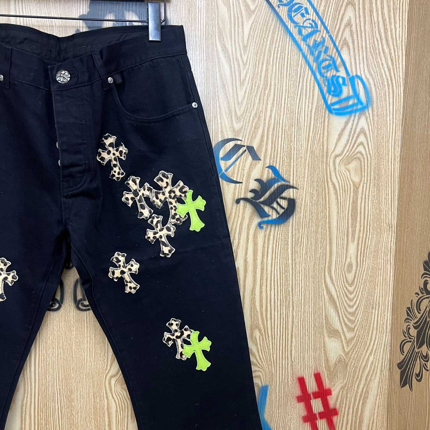 Chrome Hearts Cheetah & Green Cross Patch Jeans - FashionPlug