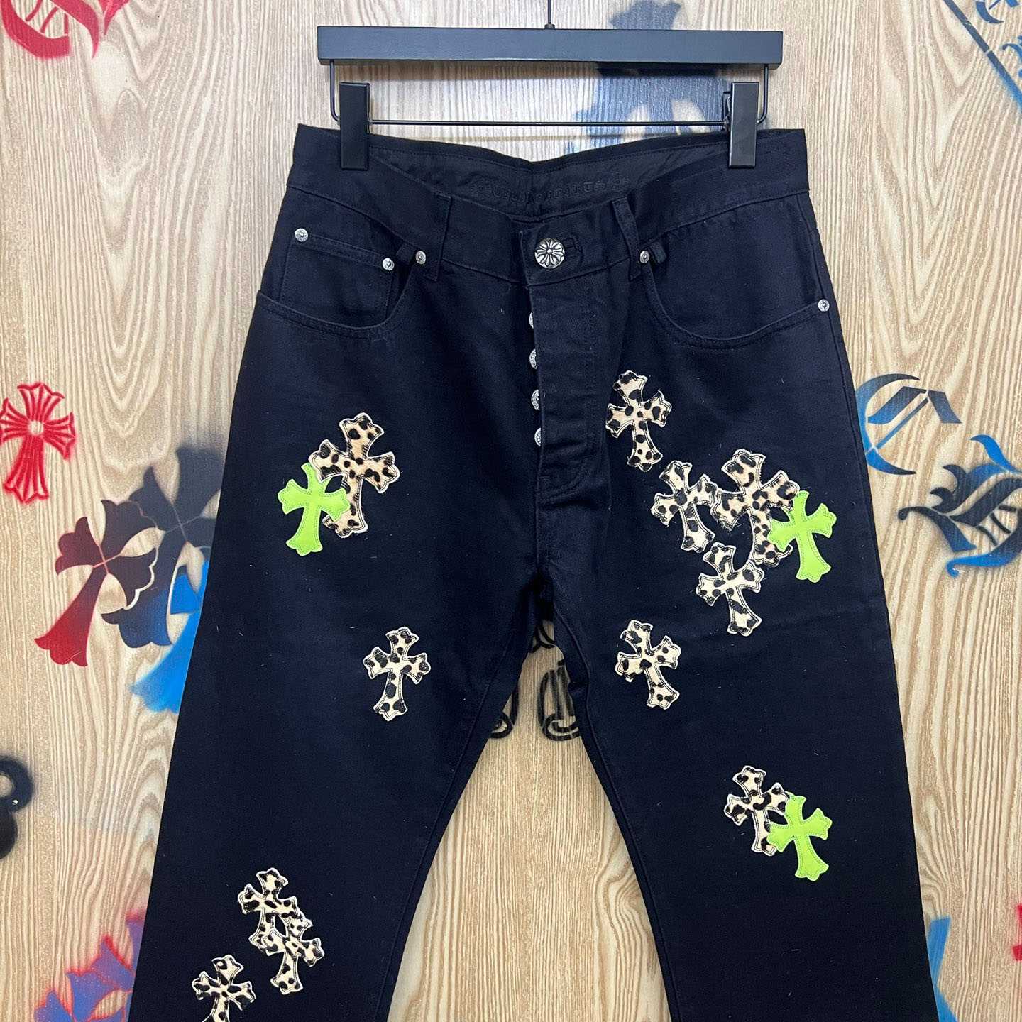 Chrome Hearts Cheetah & Green Cross Patch Jeans - FashionPlug