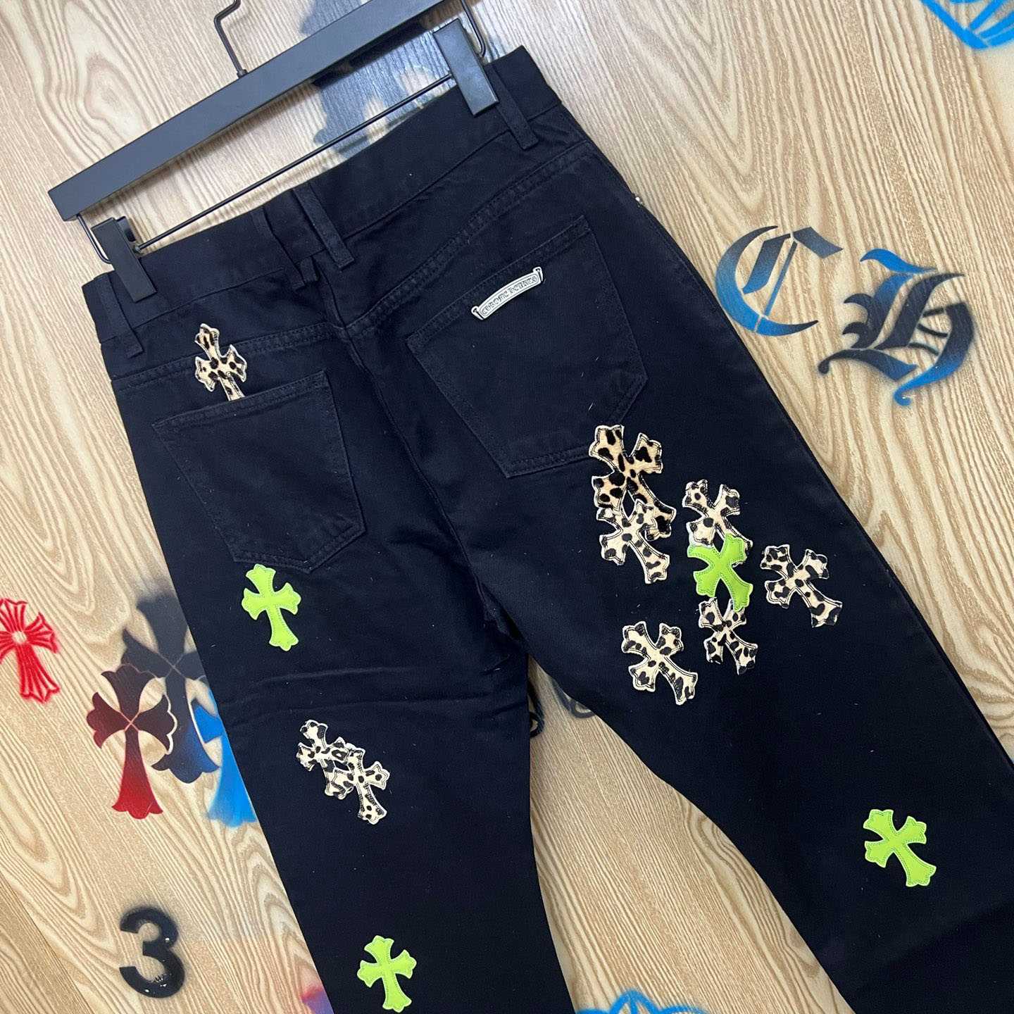 Chrome Hearts Cheetah & Green Cross Patch Jeans - FashionPlug