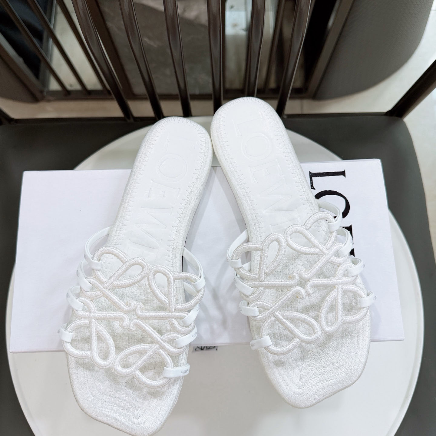 Loewe Petal Anagram Slide In Embroidered Canvas - FashionPlug