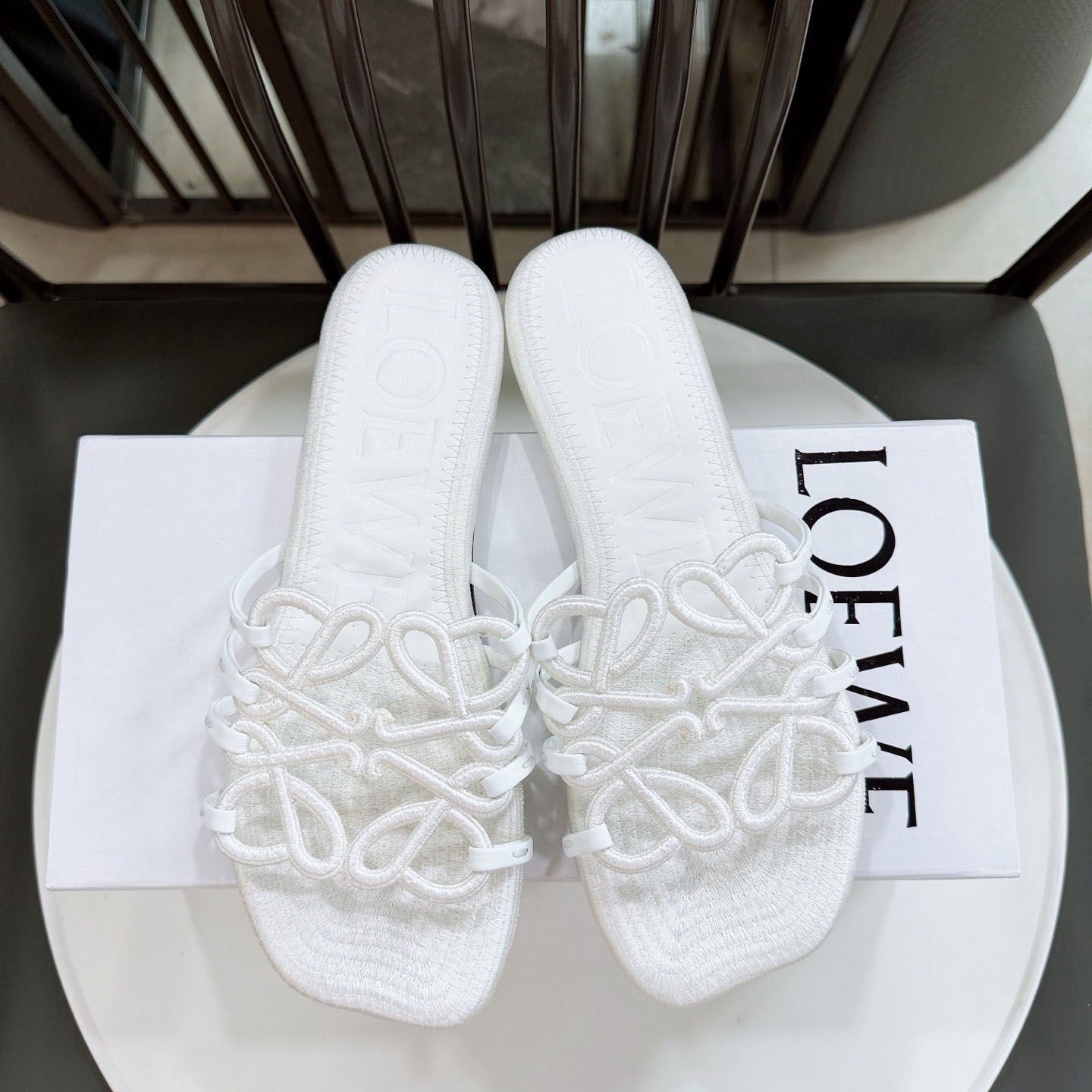 Loewe Petal Anagram Slide In Embroidered Canvas - FashionPlug