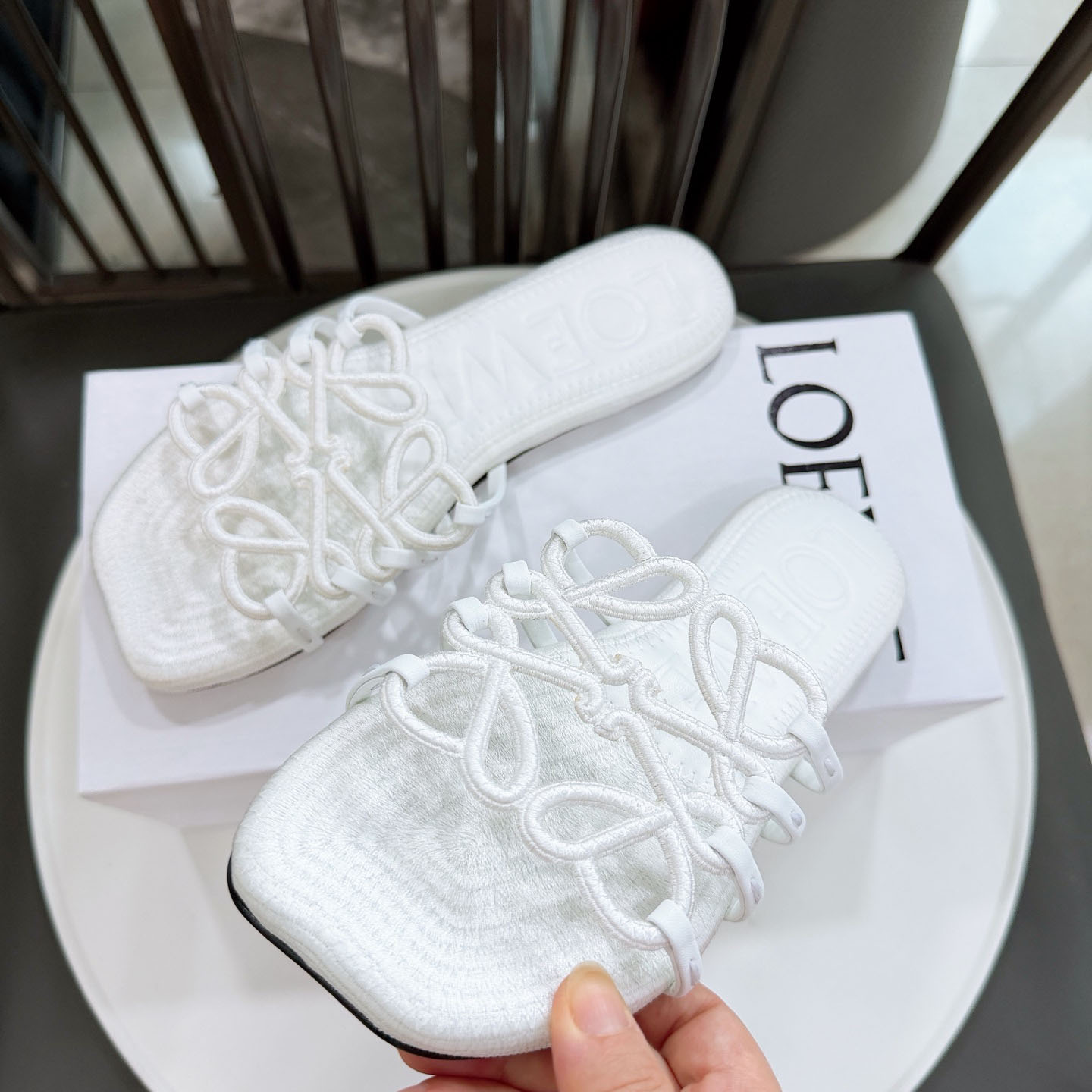 Loewe Petal Anagram Slide In Embroidered Canvas - FashionPlug
