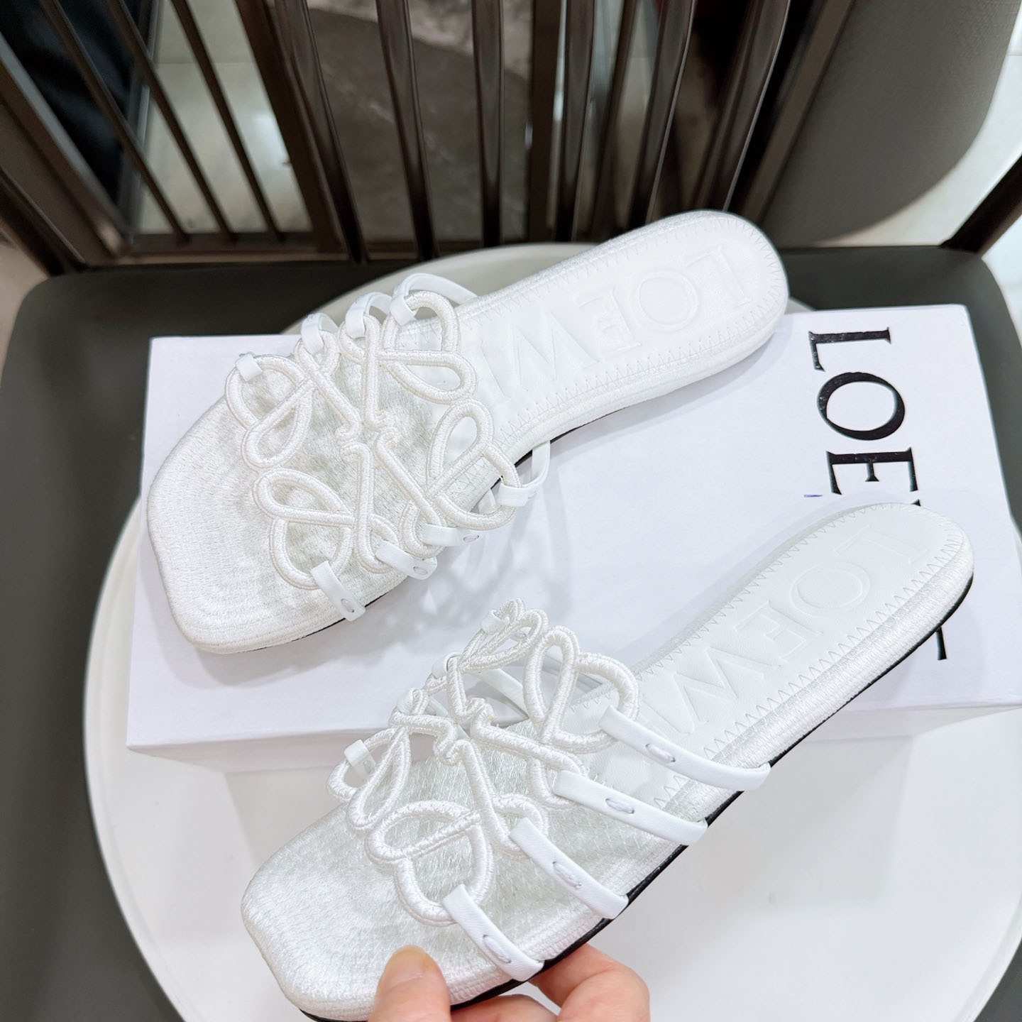 Loewe Petal Anagram Slide In Embroidered Canvas - FashionPlug