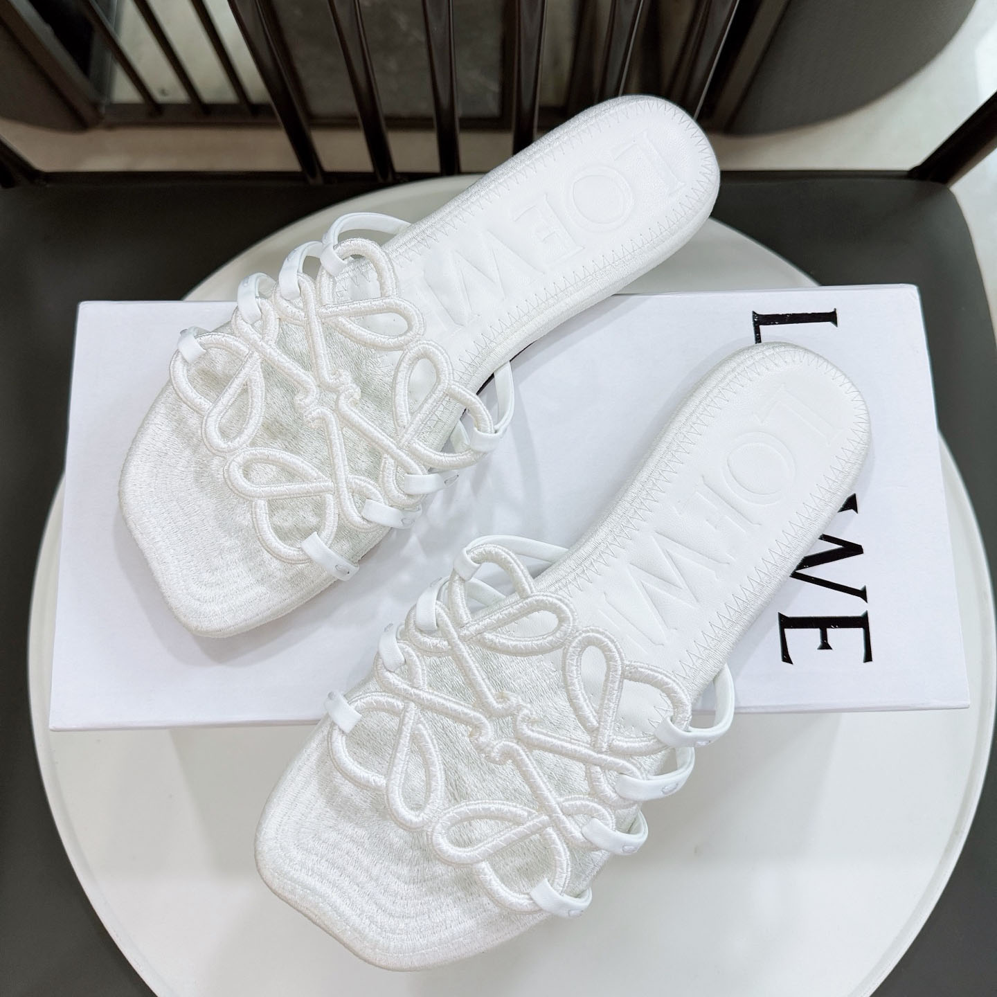 Loewe Petal Anagram Slide In Embroidered Canvas - FashionPlug