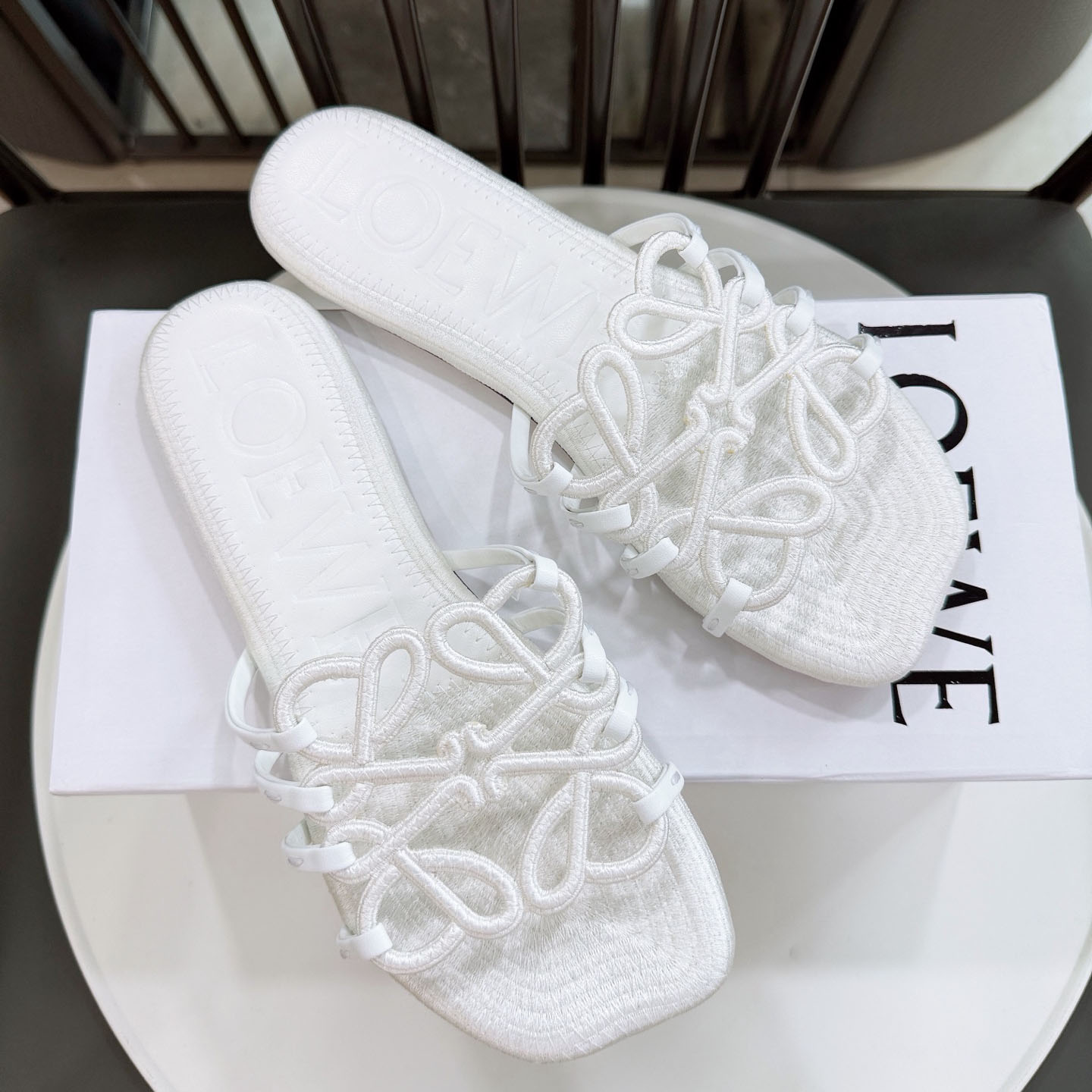 Loewe Petal Anagram Slide In Embroidered Canvas - FashionPlug