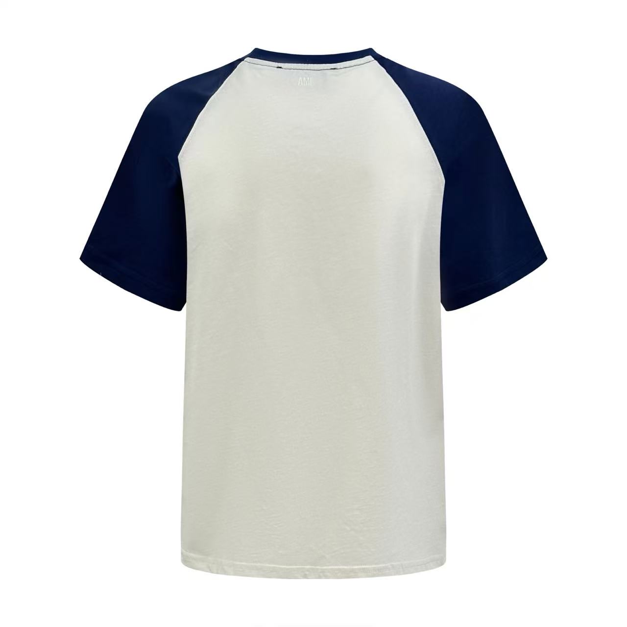 AMI Paris White And Blue Cotton Ami De Coeur Knitted Patch T-shirt - FashionPlug