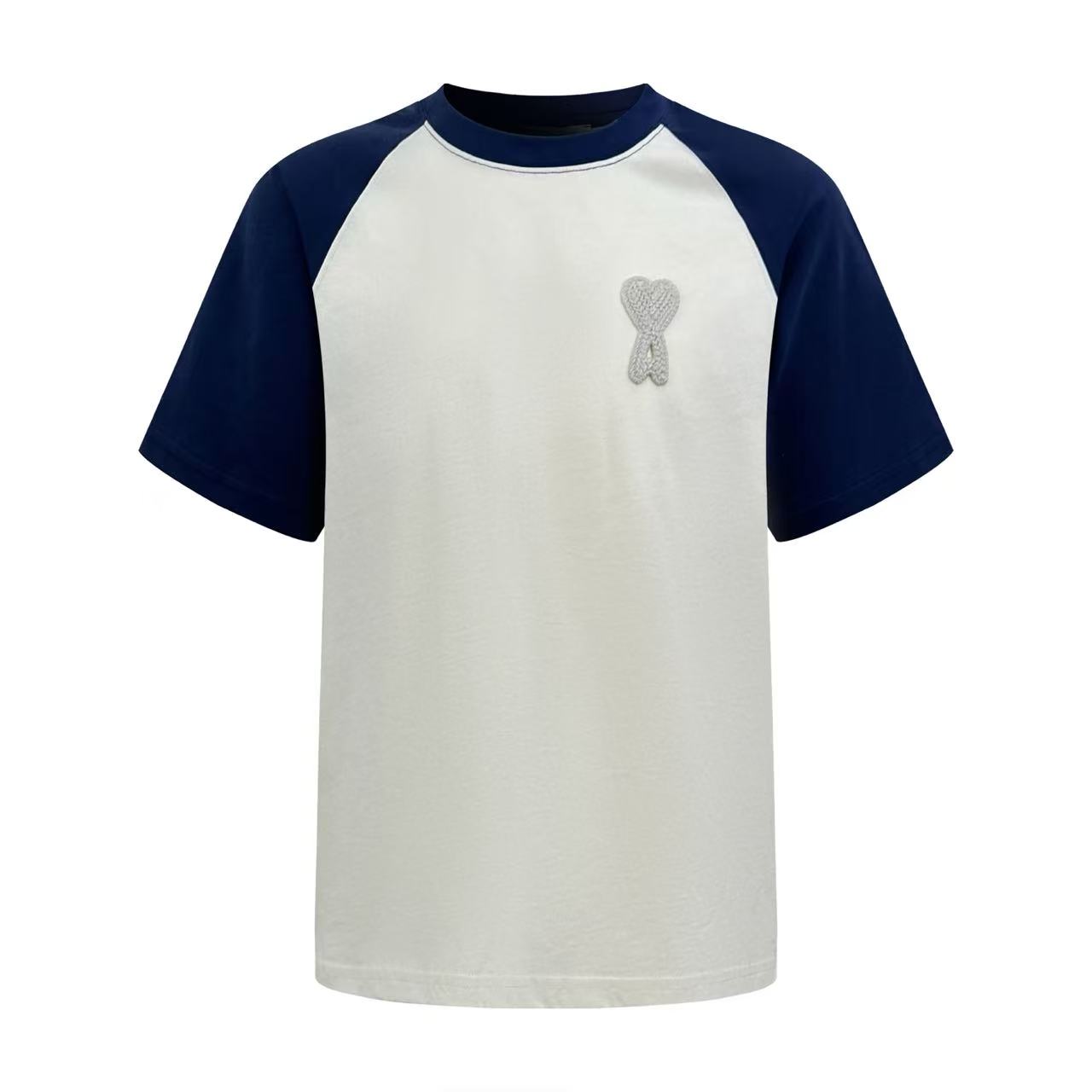 AMI Paris White And Blue Cotton Ami De Coeur Knitted Patch T-shirt - FashionPlug