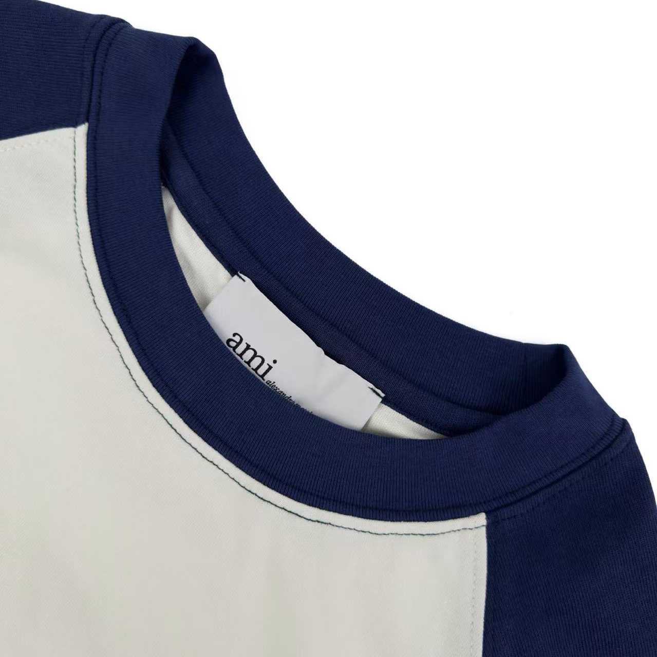 AMI Paris White And Blue Cotton Ami De Coeur Knitted Patch T-shirt - FashionPlug
