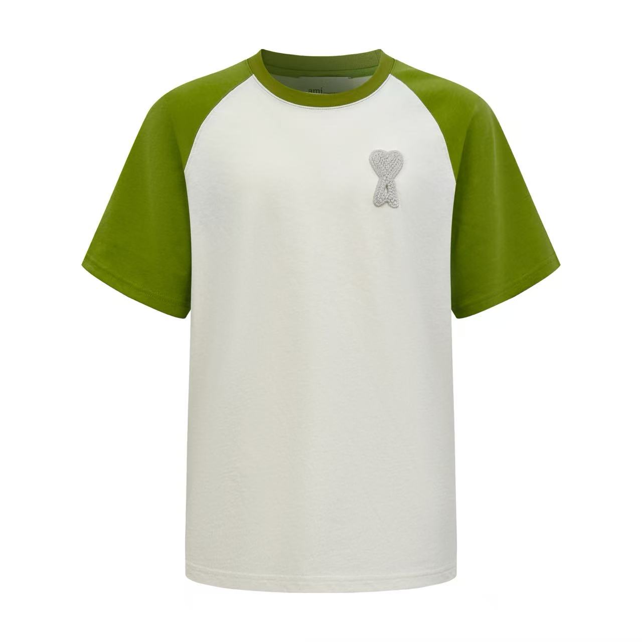 AMI Paris White And Green Cotton Ami De Coeur Knitted Patch T-shirt - FashionPlug