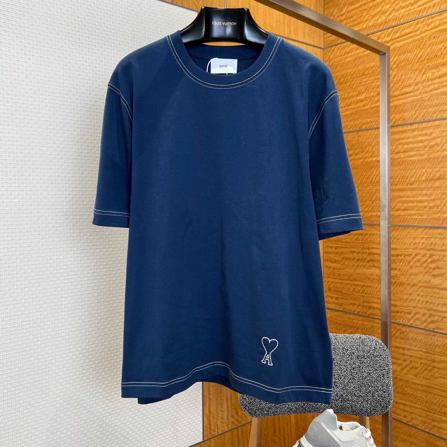 AMI Paris Blue Boxy Fit Topstitched Ami De Coeur T-shirt - FashionPlug