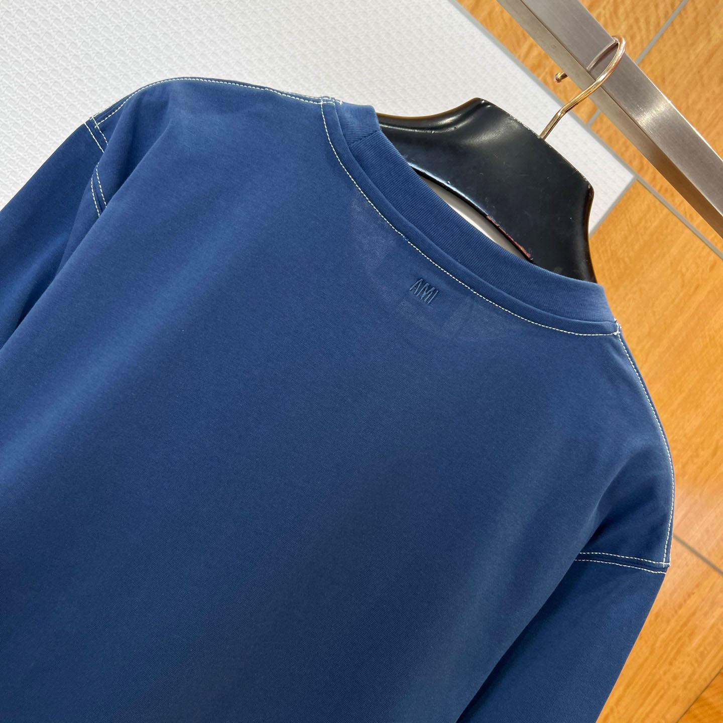 AMI Paris Blue Boxy Fit Topstitched Ami De Coeur T-shirt - FashionPlug