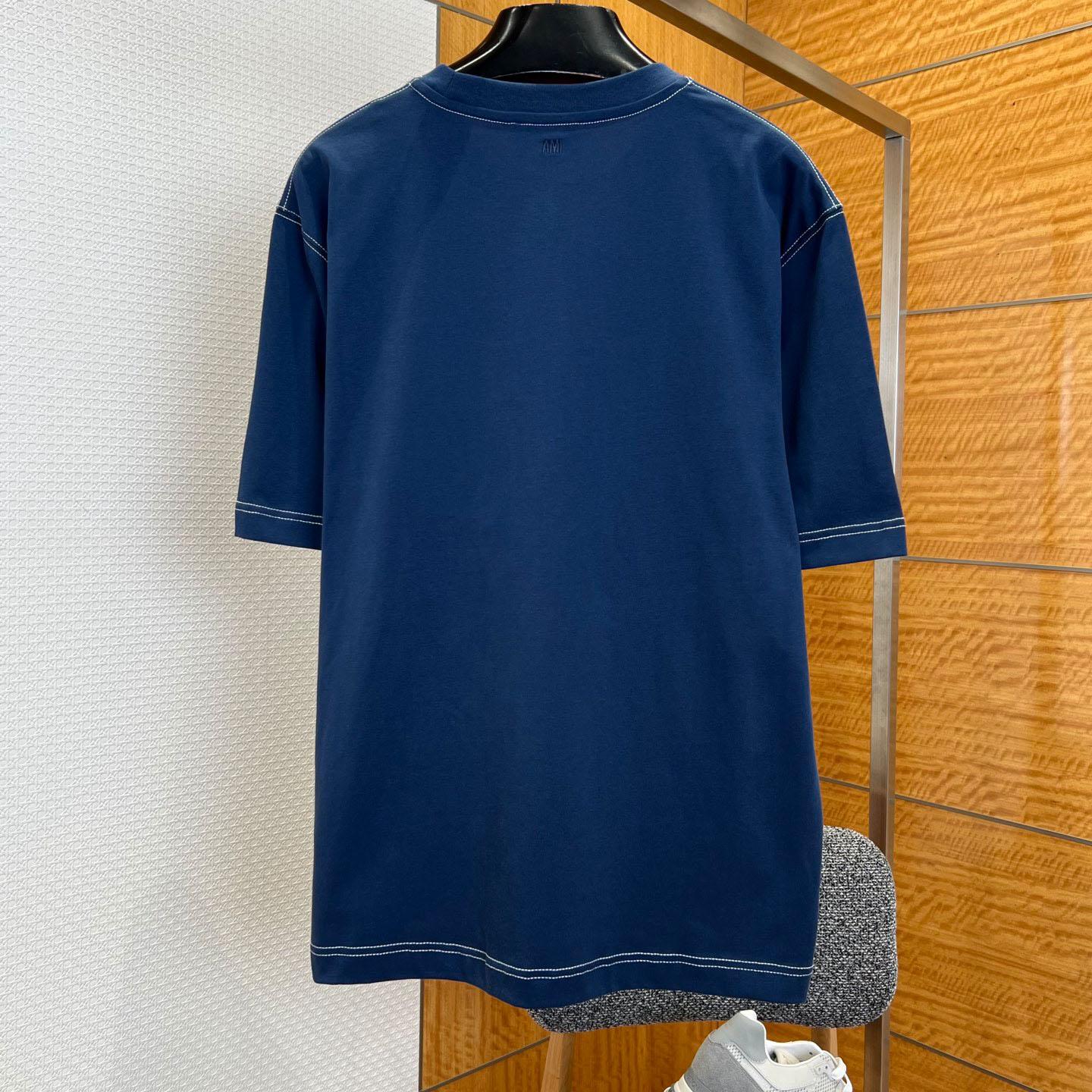 AMI Paris Blue Boxy Fit Topstitched Ami De Coeur T-shirt - FashionPlug