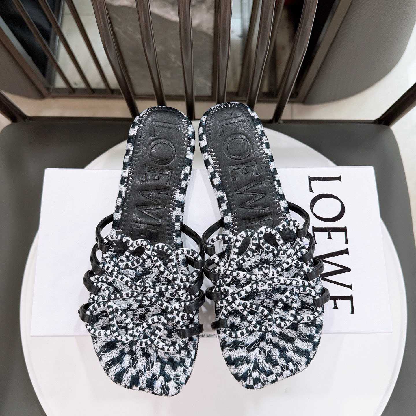 Loewe Petal Anagram Slide In Embroidered Canvas - FashionPlug