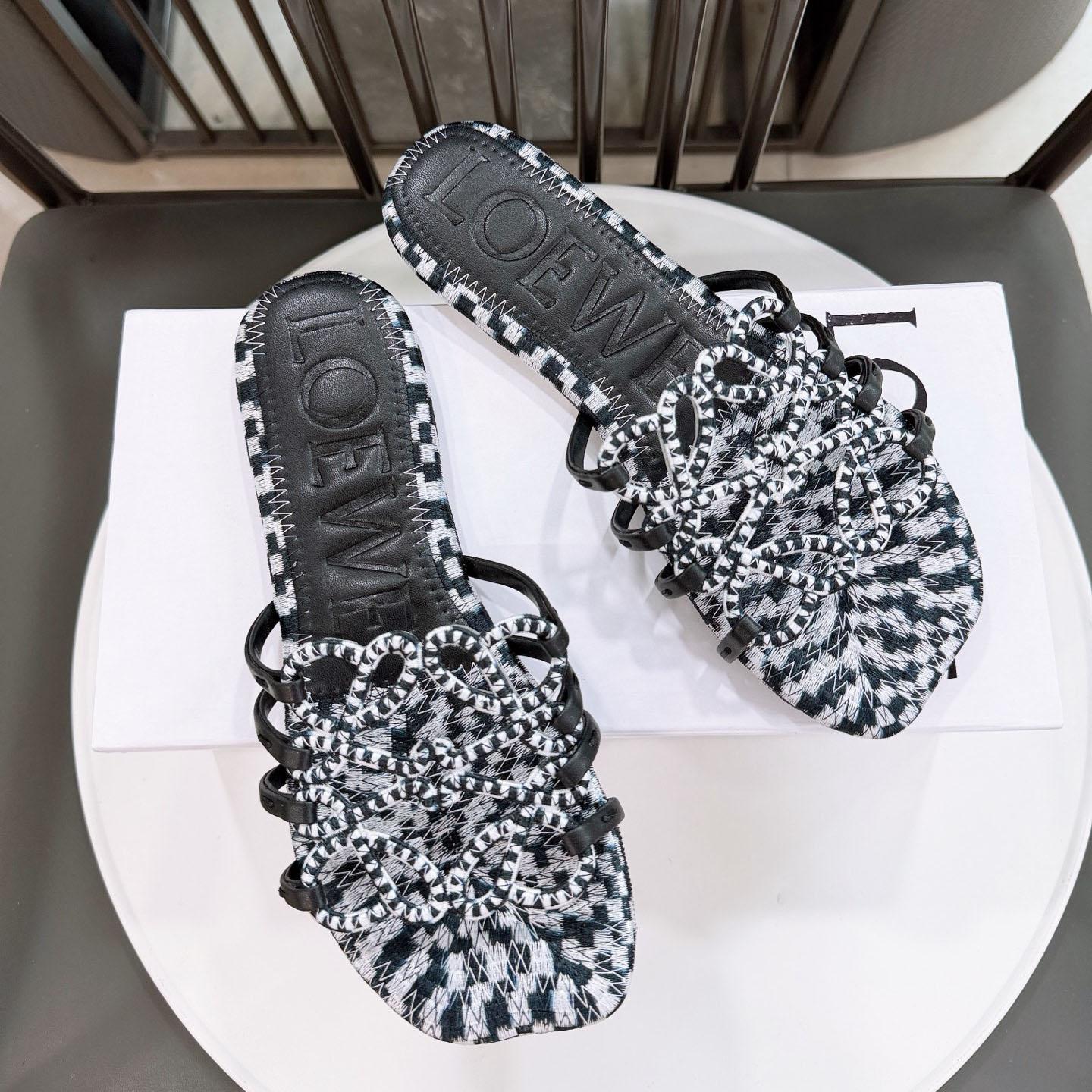 Loewe Petal Anagram Slide In Embroidered Canvas - FashionPlug