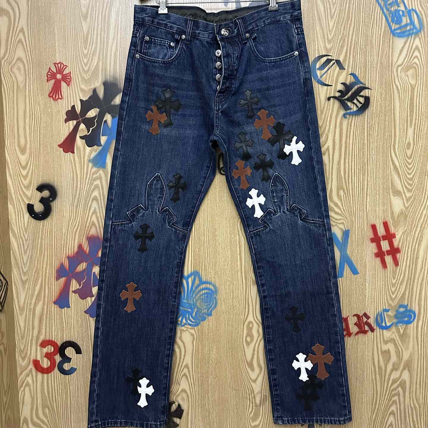 Chrome Hearts Black & White & Brown Patch Fleur Knee Jeans - FashionPlug